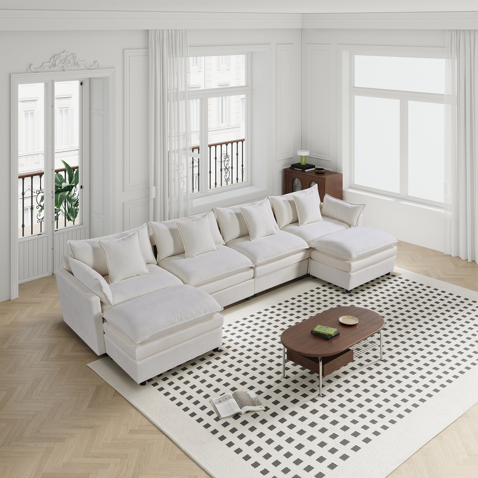 142.52"Modern Chenille U Shaped Sectional Sofa With Convertible Chaise, Comfy Cloud Couch Deep Sectional Sofa With Ottomans For Living Room White Wood Foam Chenille 4 Seat