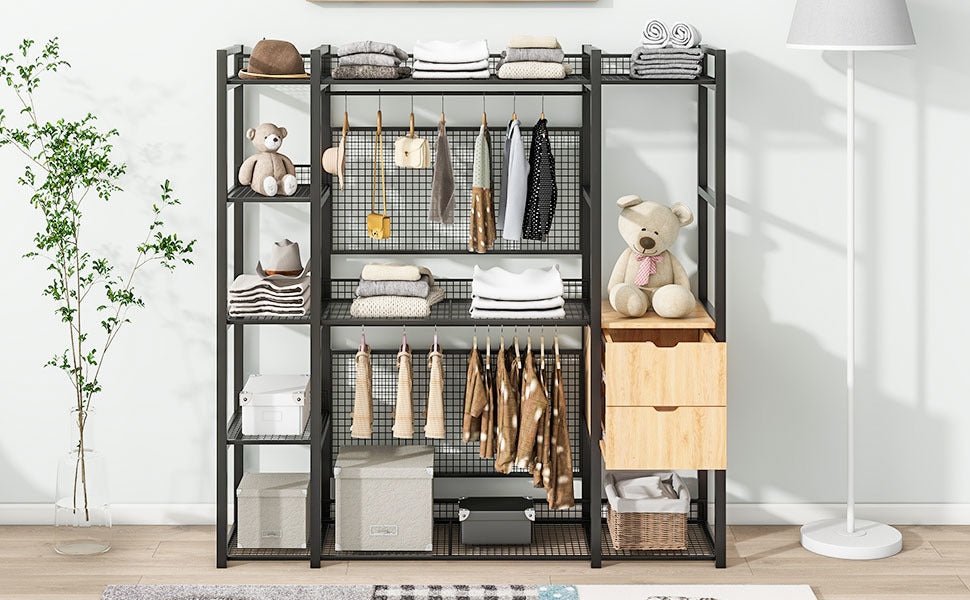 Open Style Wardrobe With Hanging Rails, Shelves And Drawers, Black Black Metal & Wood