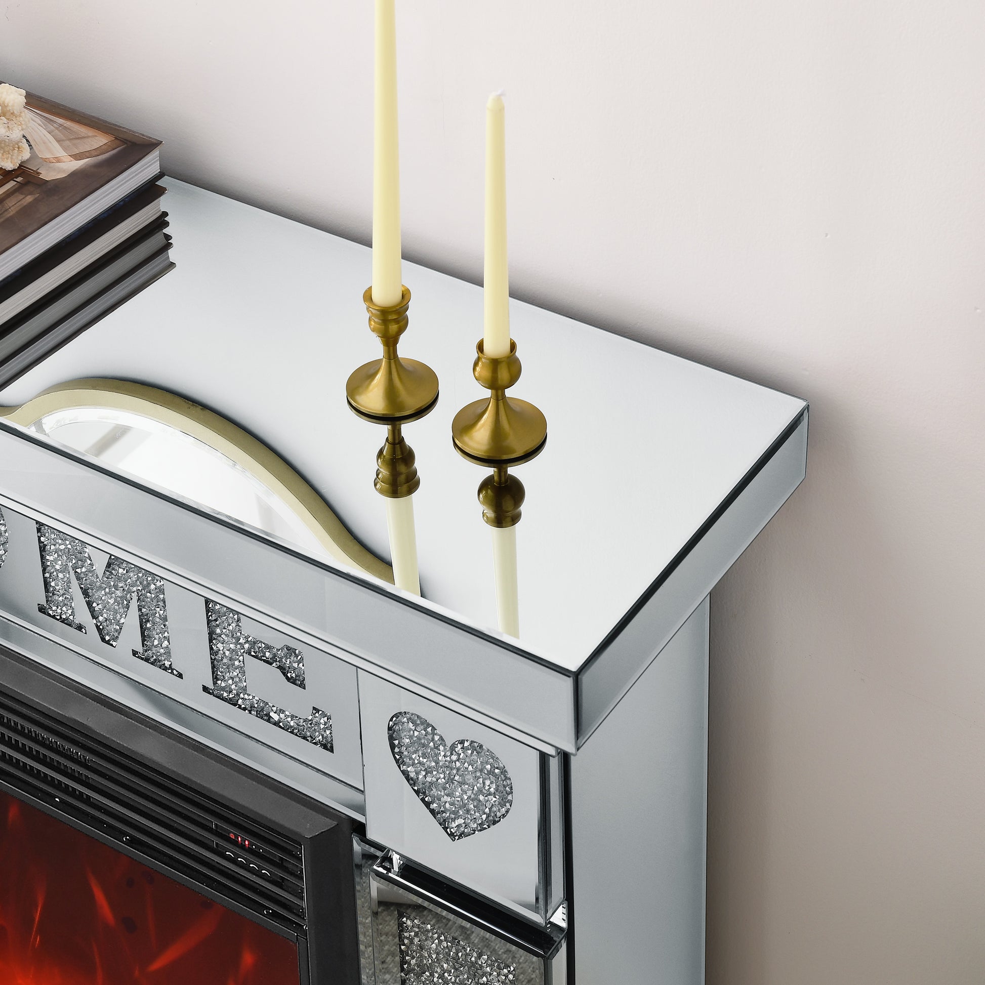 W 46" X D 12.6 X H 41 " Acrylic Diamond Mirror Fireplace Cabinet, Tv Fireplace Cabinet Powder Coated Electric Bedroom Yes Freestanding Electric 41 50 Yes Silver 400 Natural Vent American Design Acrylic Mdf Glass