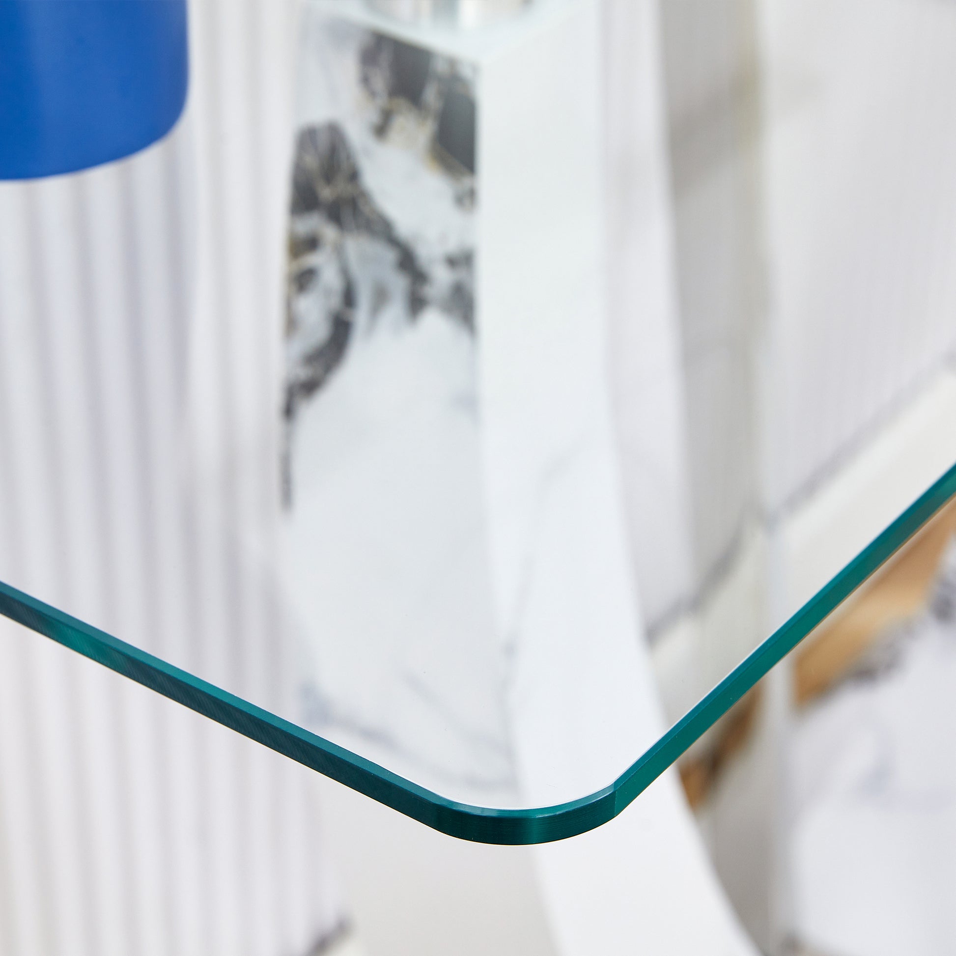 Modern Minimalist Rectangular Glass Table With 0.39 "Tempered Glass Top And Mdf White Patterned Sticker Legs For Entrance And Living Room. Transparent Glass