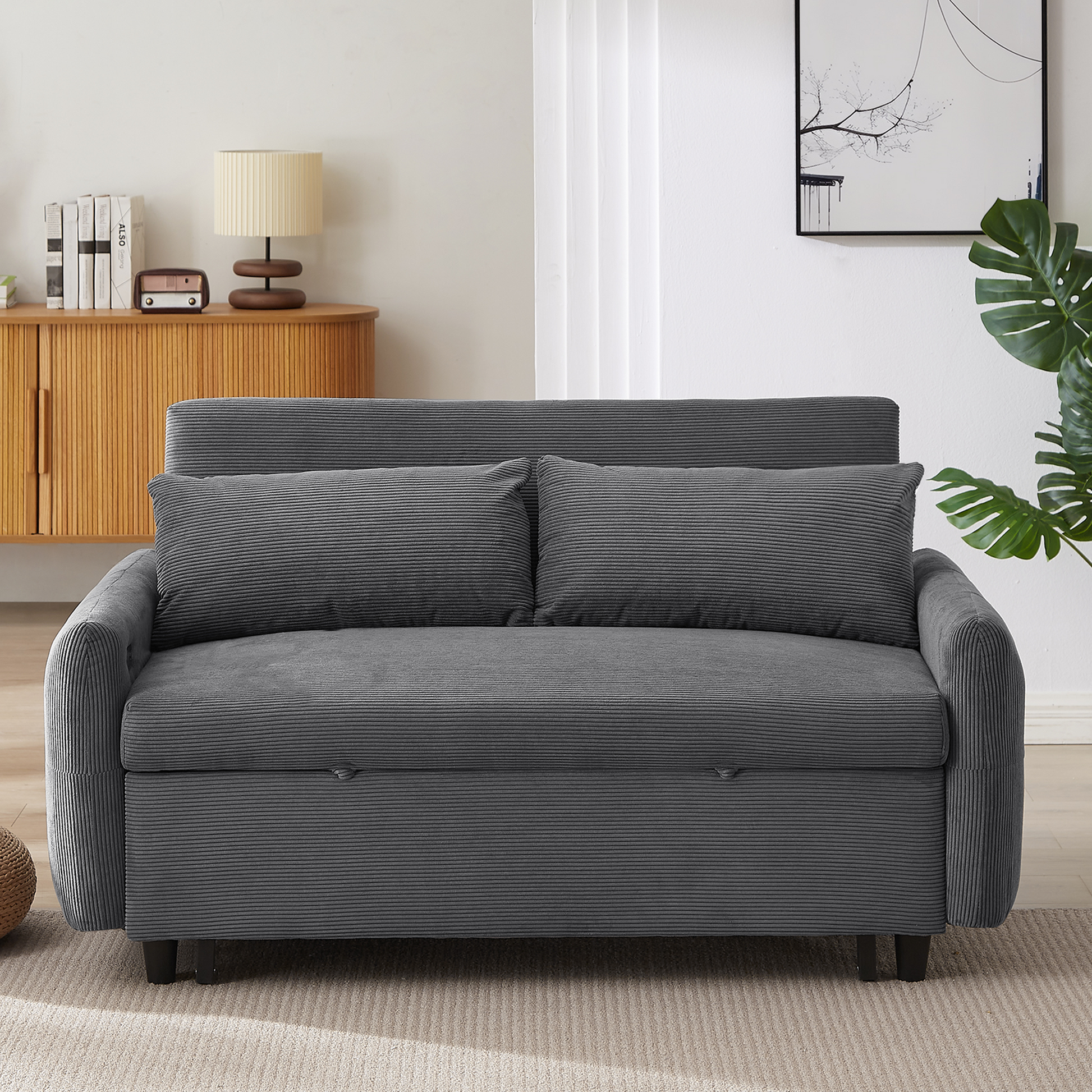 57.48" Pull Out Sofa Bed Convertible Couch 2 Seat Loveseat Sofa Modern Sleeper Sofa With Two Throw Pillows And Usb Ports For Living Room, Dark Grey Old Sku:Wf317760Aar Dark Grey Foam Corduroy 2 Seat