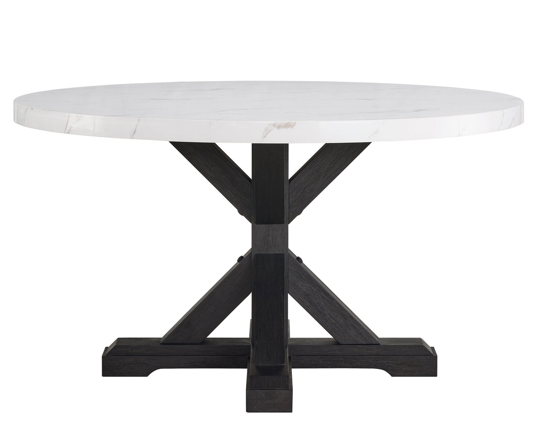 1Pc Transitional Modern Formal Dining Table White Round Faux Marble Table Top Black Finish Legs Wooden Dining Room Furniture White Seats 4 Dining Room Contemporary,Farmhouse,Transitional Round Artificial Marble