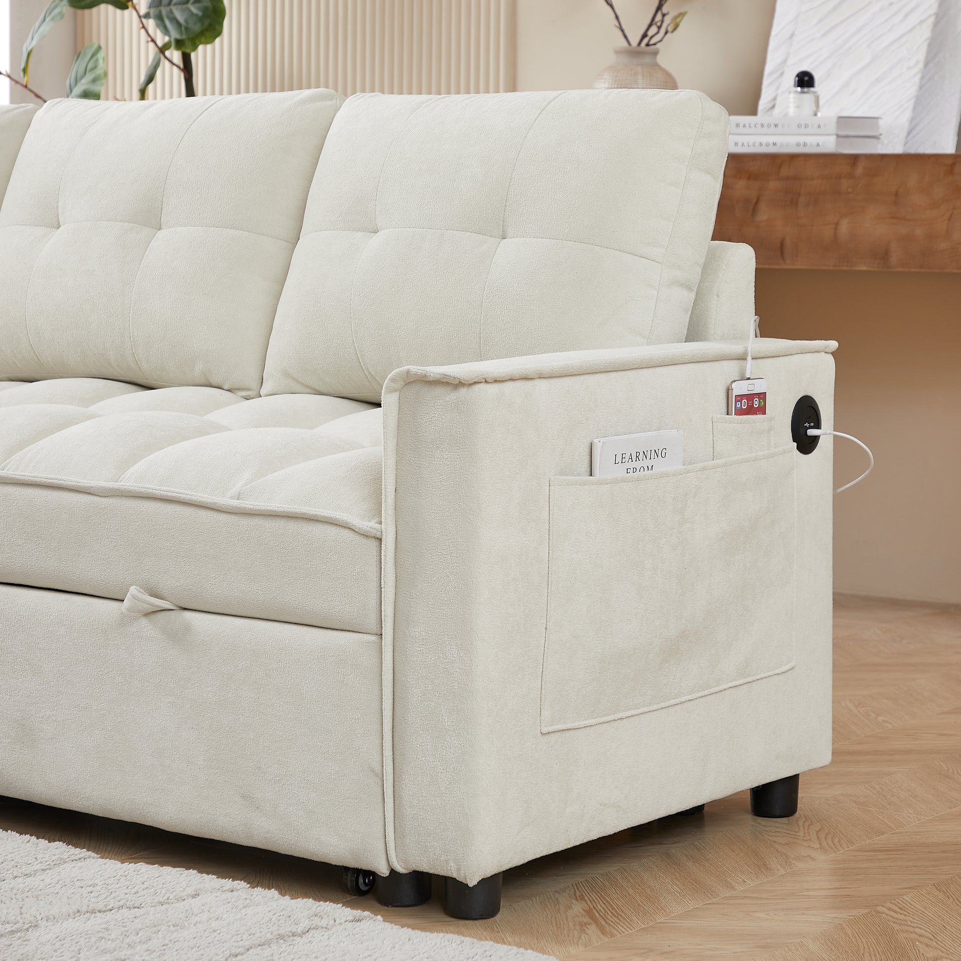 Mh 78.75" Reclining Sofa, Pull Out Sofa Bed With Usb And Tape C Charging Ports, L Shaped Sectional Sofa With Reclining Storage And Arm Side Organizer Pocket Features, Living Room Comfort Sofa Beige