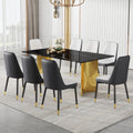 Table And Chair Set.The Table Has A Glass Top With Imitation Marble Pattern Stickers And Stainless Steel Golden Legs. Paried With Chairs With Pu Artificial Leather Backrest Cushions And Black Legs. Black Gold Seats 8 Glass Metal