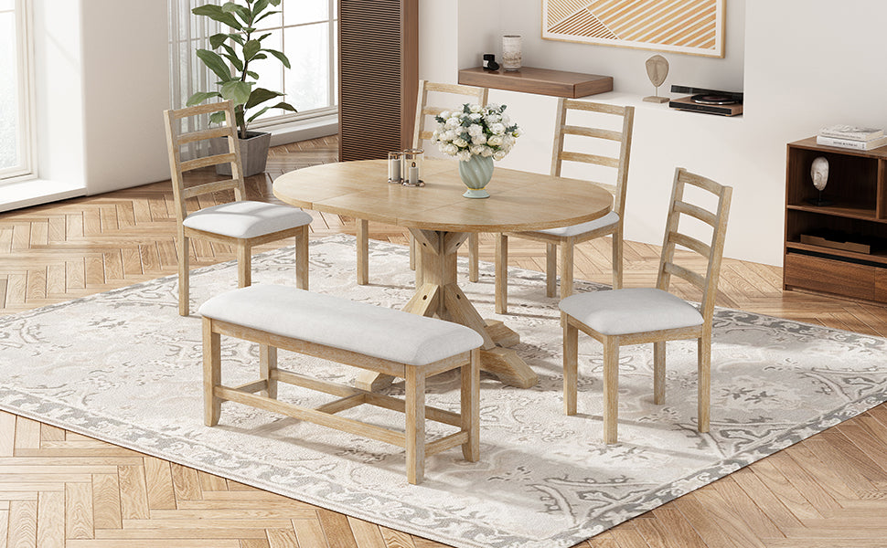 Farmhouse 6 Piece 60Inch Extendable Pedestal Dining Table Set With 18Inch Removable Leaf, 44Inch Bench And 4 Ladder Back Dining Chairs, Natural Wood Dining Room Solid Wood Rubberwood Oval Dining Table With Bench Wood Wood Natural Ladder Back Seats 6 60