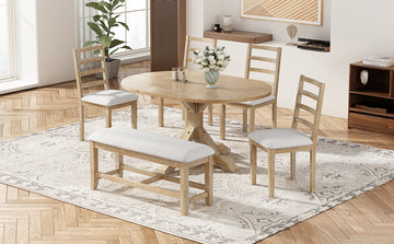Farmhouse 6 Piece 60Inch Extendable Pedestal Dining Table Set With 18Inch Removable Leaf, 44Inch Bench And 4 Ladder Back Dining Chairs, Natural Wood Dining Room Solid Wood Rubberwood Oval Dining Table With Bench Wood Wood Natural Ladder Back Seats 6 60