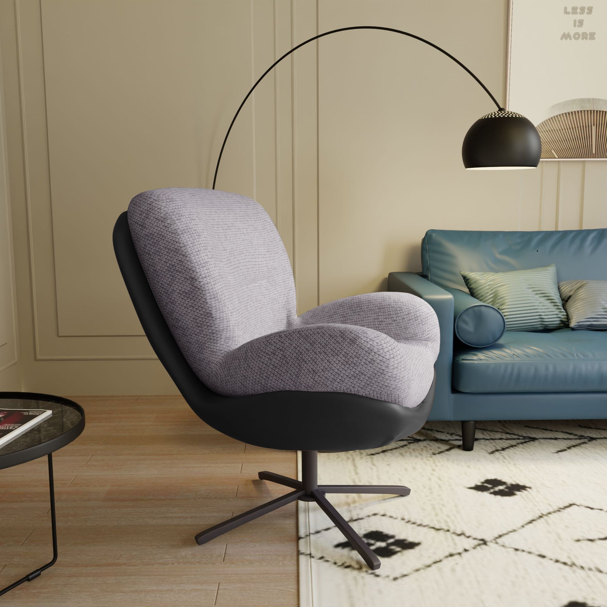 360 Swivel Accent Chair, Modern Chenille Lounge Chair With Faux Leather And Black Metal Base Frame, Comfortable Reading Chair For Small Spaces, Living Room, Bedroom, Reading Corner, Office,Light Gray Black,Light Gray Brown Primary Living Space Art