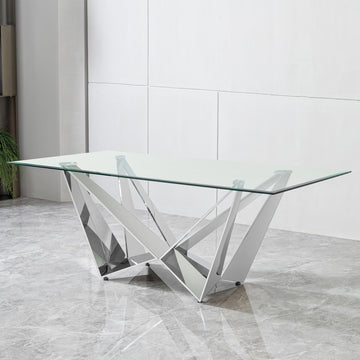 Clear Glass With Polished Stainless Steel Base 78" Dining Table Silver Seats 6 Mirrored Finish Dining Room Contemporary Rectangular Kitchen & Dining Tables Polished Rectangular Stainless Steel