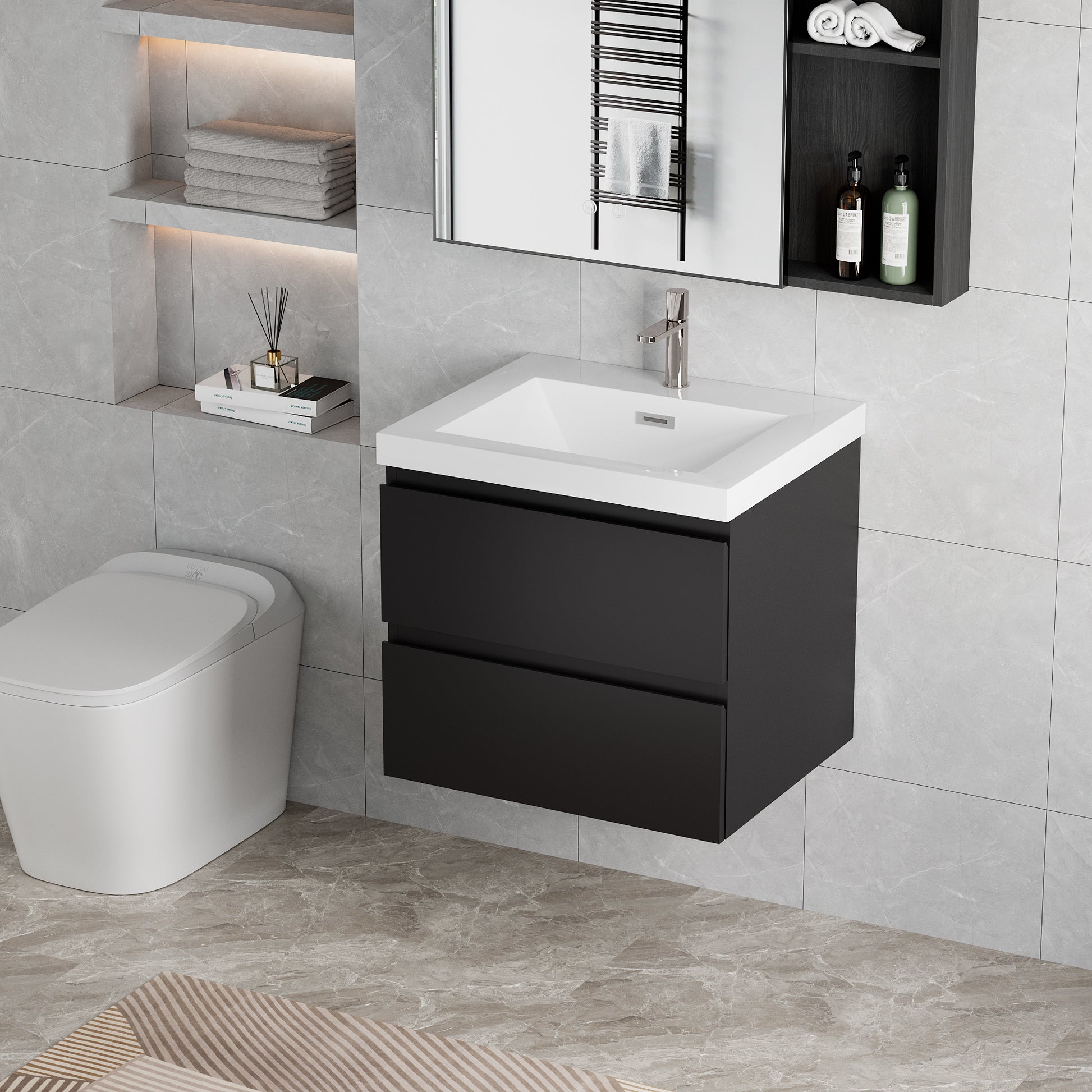 24" Floating Bathroom Vanity with Sink, Modern Wall 2-black-wall mounted-mdf