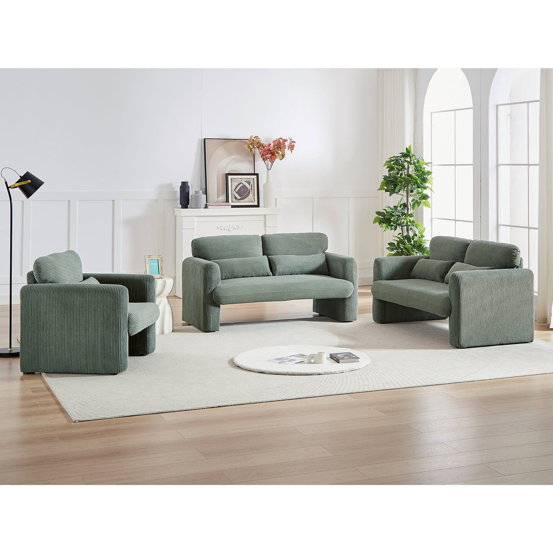 Two 60"Corduroy Fabric Sofa With 33" Single Sofa, Modern Sofa With Support Pillow, For Apartment, Office, Living Room & Bedroom Green Corduroy 5 Seat