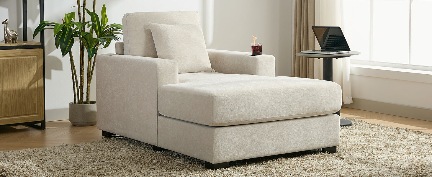 39.7" Oversized Chaise Lounger Modern Style Sofa Couch ,With Pillows, Charge Station & Cup Holders, Chenille Fabric, Cream Cream Chenille