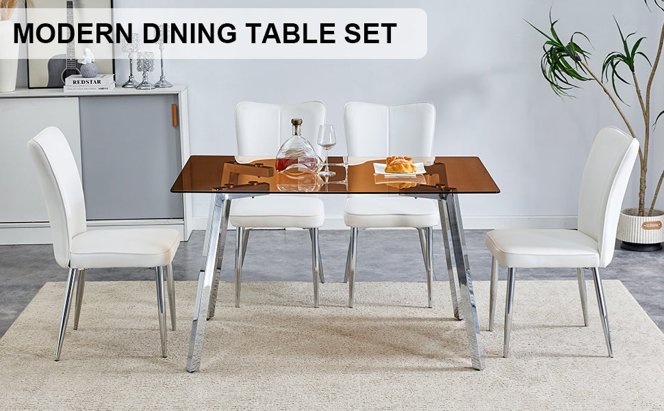 Table And Chair Set. Large Modern Rectangular Table With Brown Glass Top And Silver Metal Legs. It Comes With Soft And Comfortable Pu Seats, Faux Leather Upholstered Seats And Silver Metal Legs. Brown,White Seats 4 Glass Metal