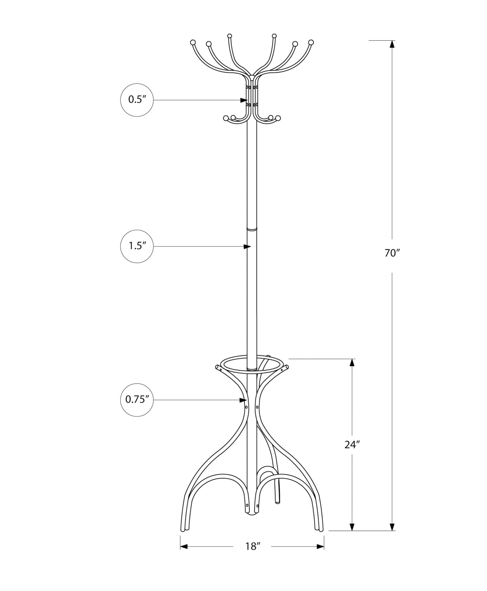 Coat Rack, Hall Tree, Free Standing, 12 Hooks, Entryway, 70"H, Umbrella Holder, Bedroom, Grey Metal, Contemporary, Modern Silver Metal