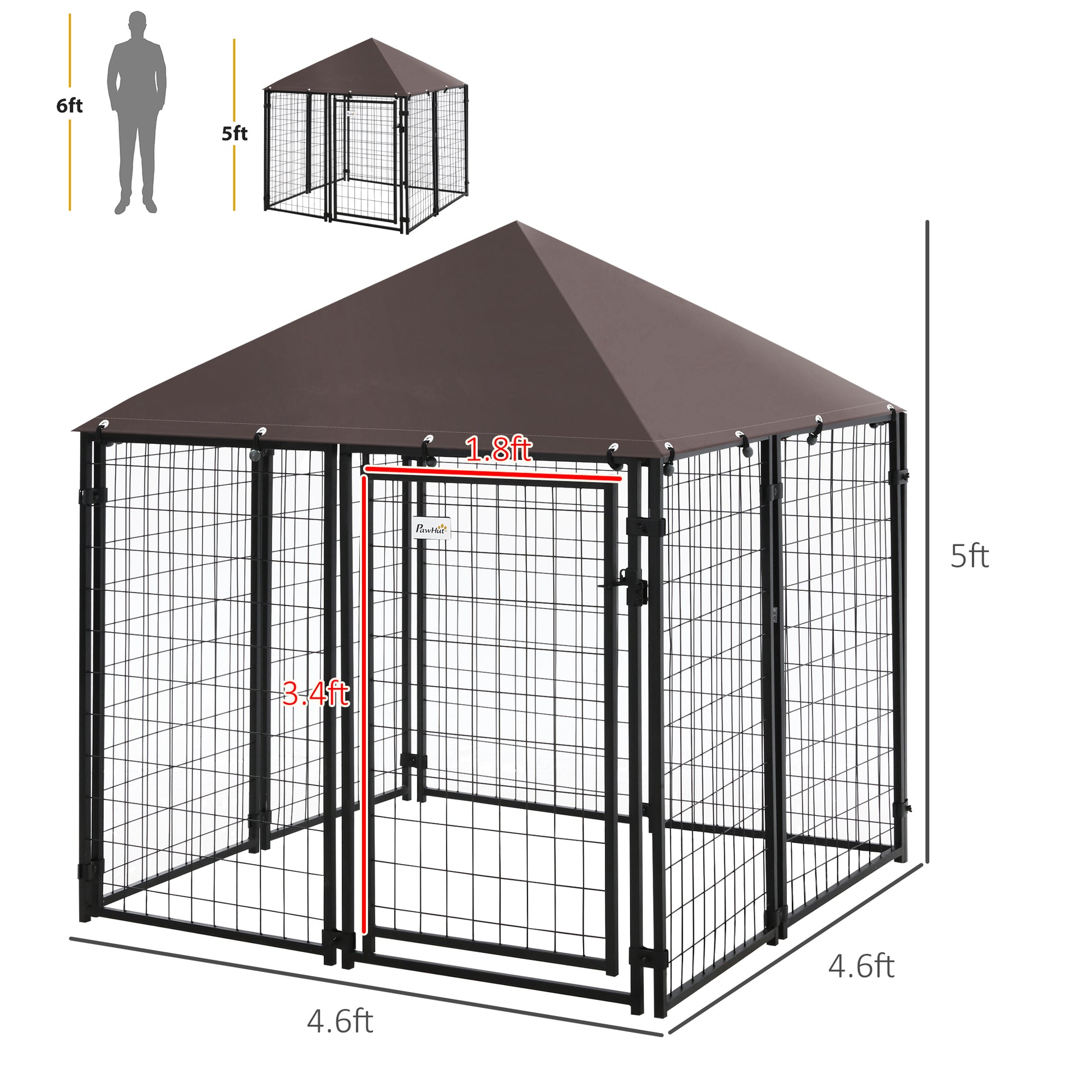 Pawhut 5' X 5' X 5' Dog Kennel Outdoor, Walk In Pet Playpen, Welded Wire Steel Dog Fence With Water And Uv Resistant Canopy, Jet Black Black Steel