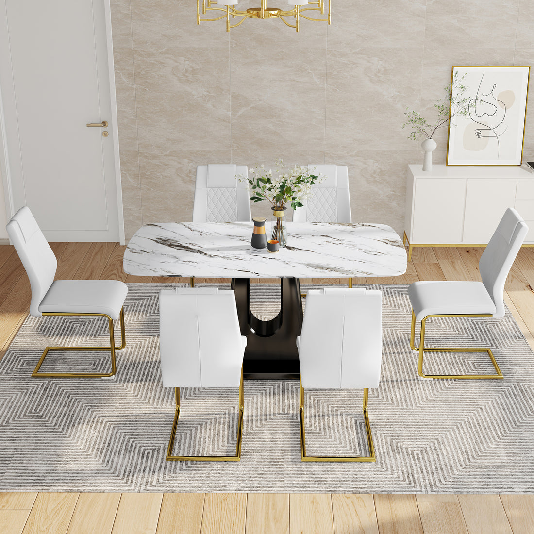 Table And Chair Set, Modern And Minimalist Dining Table, Imitation Marble Patterned Tabletop, Mdf Legs With U Shaped Brackets. Paired With Comfortable Chairs, Suitable For Dining And Living Rooms. Black Gold Mdf Glass