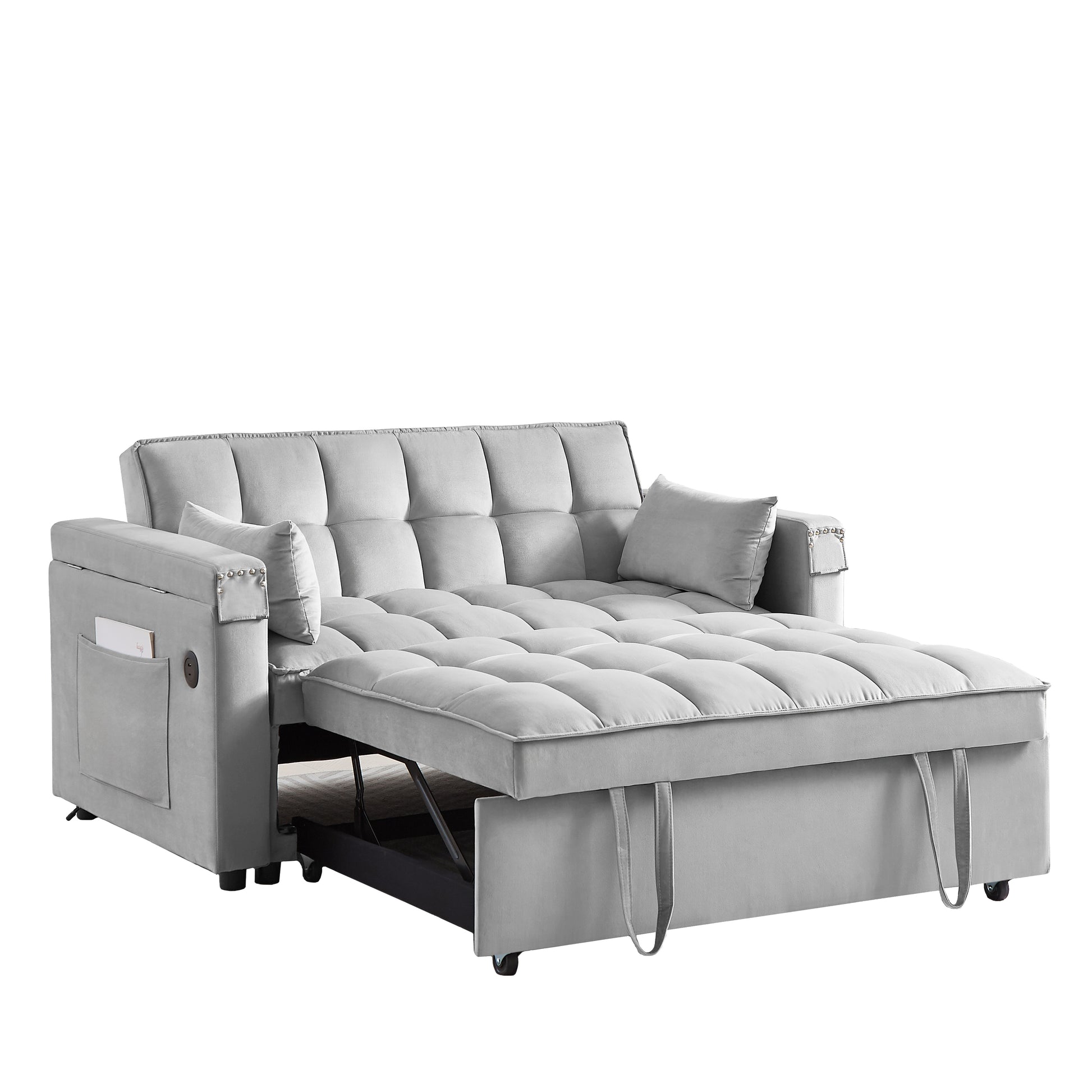 Convertible Sofa Bed, 3 In 1 Multi Functional Velvet Sleeper Couch Pull Out Bed, 48'' Loveseat Chaise Lounge With Adjustable Backrest And Pillows, Hidden Side Table For Living Room, Small Space, Grey Grey Velvet 2 Seat