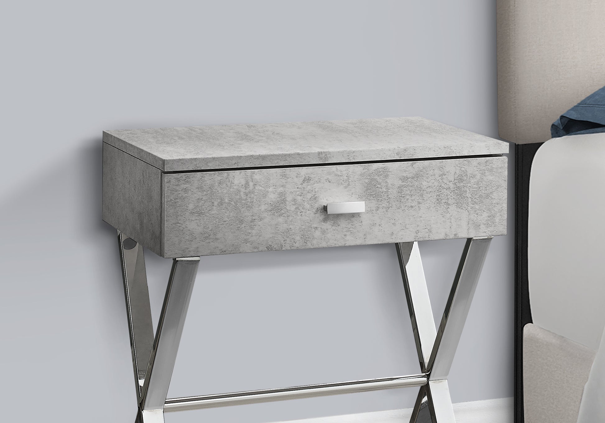 Accent Table, Side, End, Nightstand, Lamp, Storage Drawer, Living Room, Bedroom, Grey Laminate, Chrome Metal, Contemporary, Modern Grey Particle Board