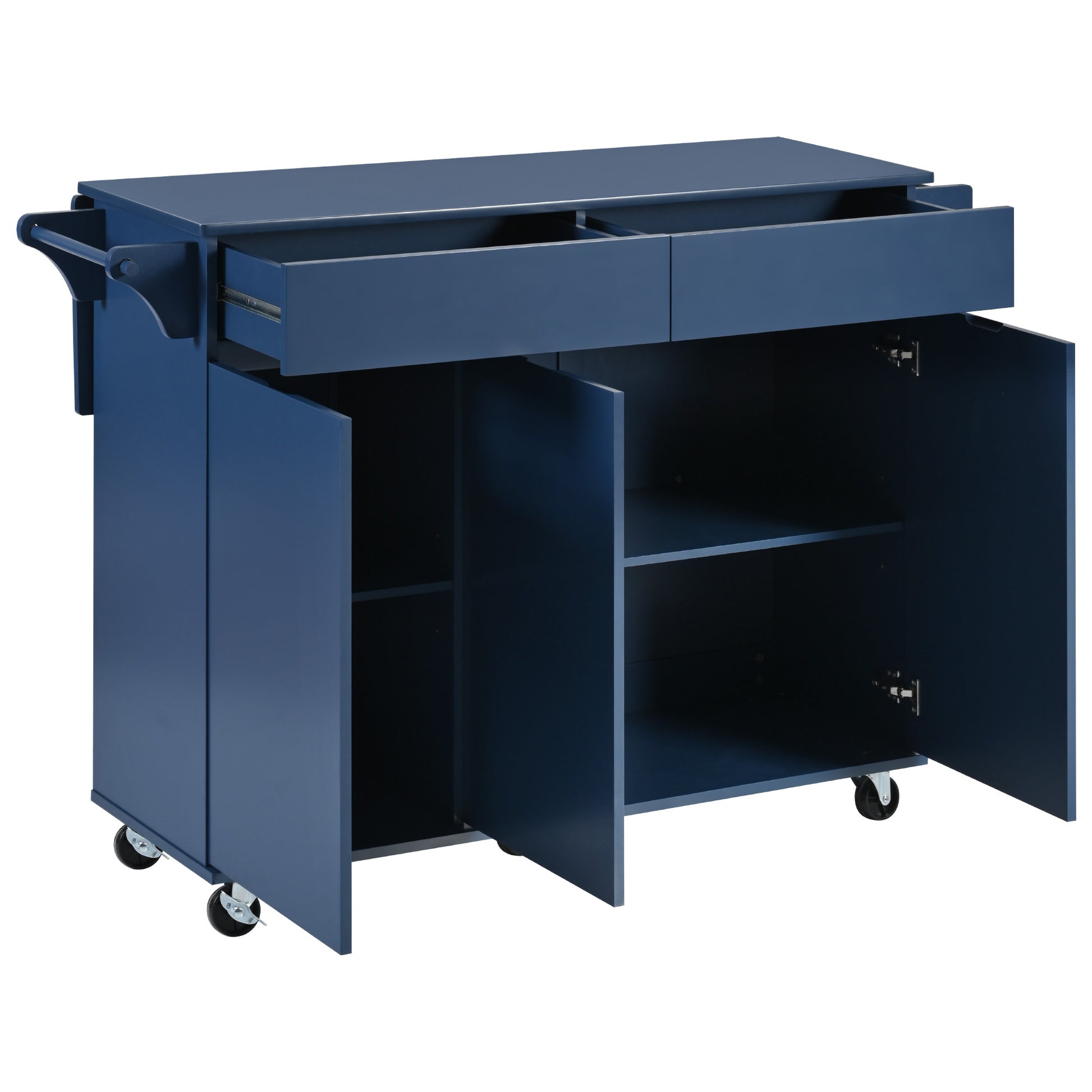 K&K 53.2'' Kitchen Island With Drop Leaf, Kitchen Storage Cart With Spice Rack, Towel Rack And 2 Drawers, Rolling Kitchen Island On Wheels With Adjustable Shelves For Kitchen, Dining Room, Navy Blue Navy Blue Brown Kitchen