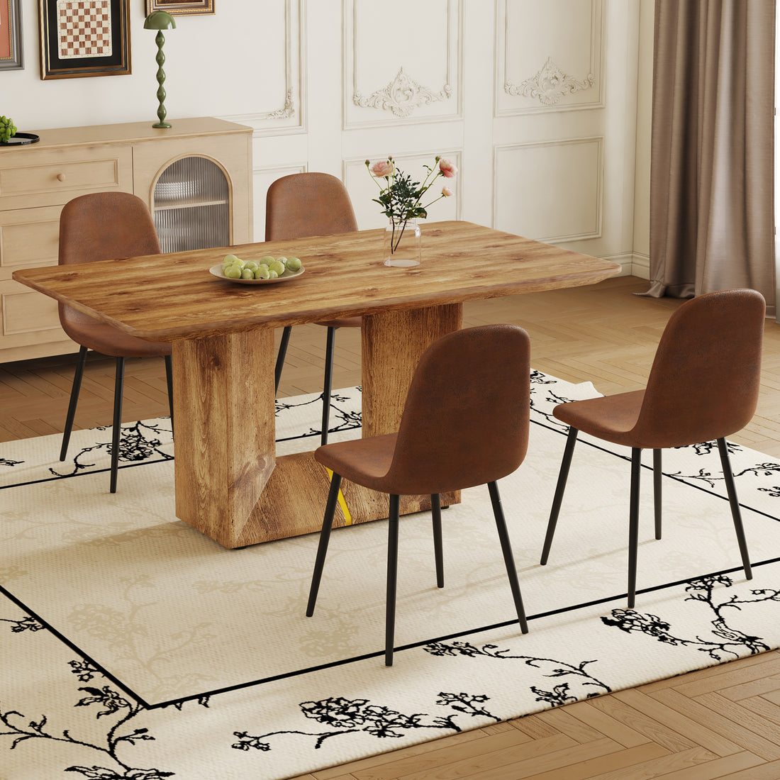 Table And Chair Set. Modern Dining Table With Mdf Top And Beautiful Mdf Legs. Comes With Brown Comfortable Chair With Seat And Metal Legs. Suitable For A Wide Range Of Decorative Styles. Brown,Wood Seats 4 Mdf