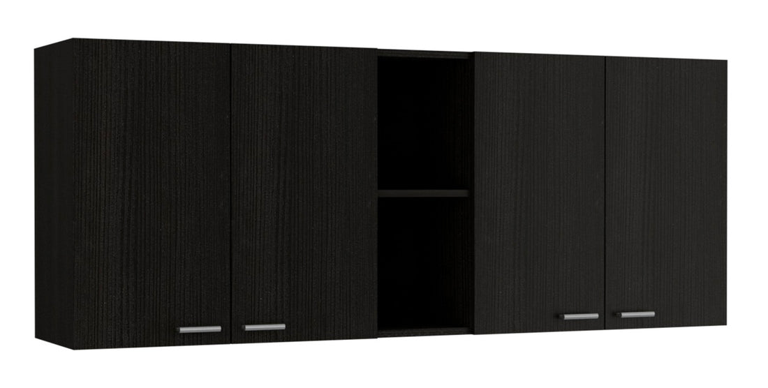 Wall Cabinet 24" H, Four Doors, Two Open Storage Shelves, Two Internal Shelves, Internal Dish And Glass Organizer, Black Black Particle Board Particle Board