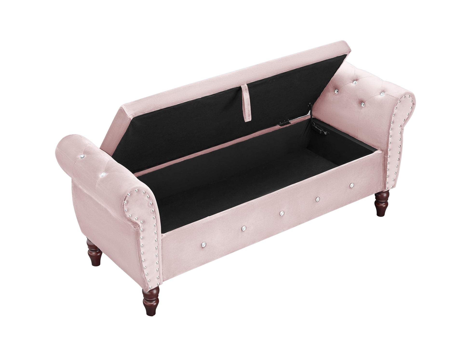 63.38"Velvet Multifunctional Storage Rectangular Ottoman Bench Comes With Crystal Buckle Solid Wood Legs With 1 Pillow,Pink Pink Velvet