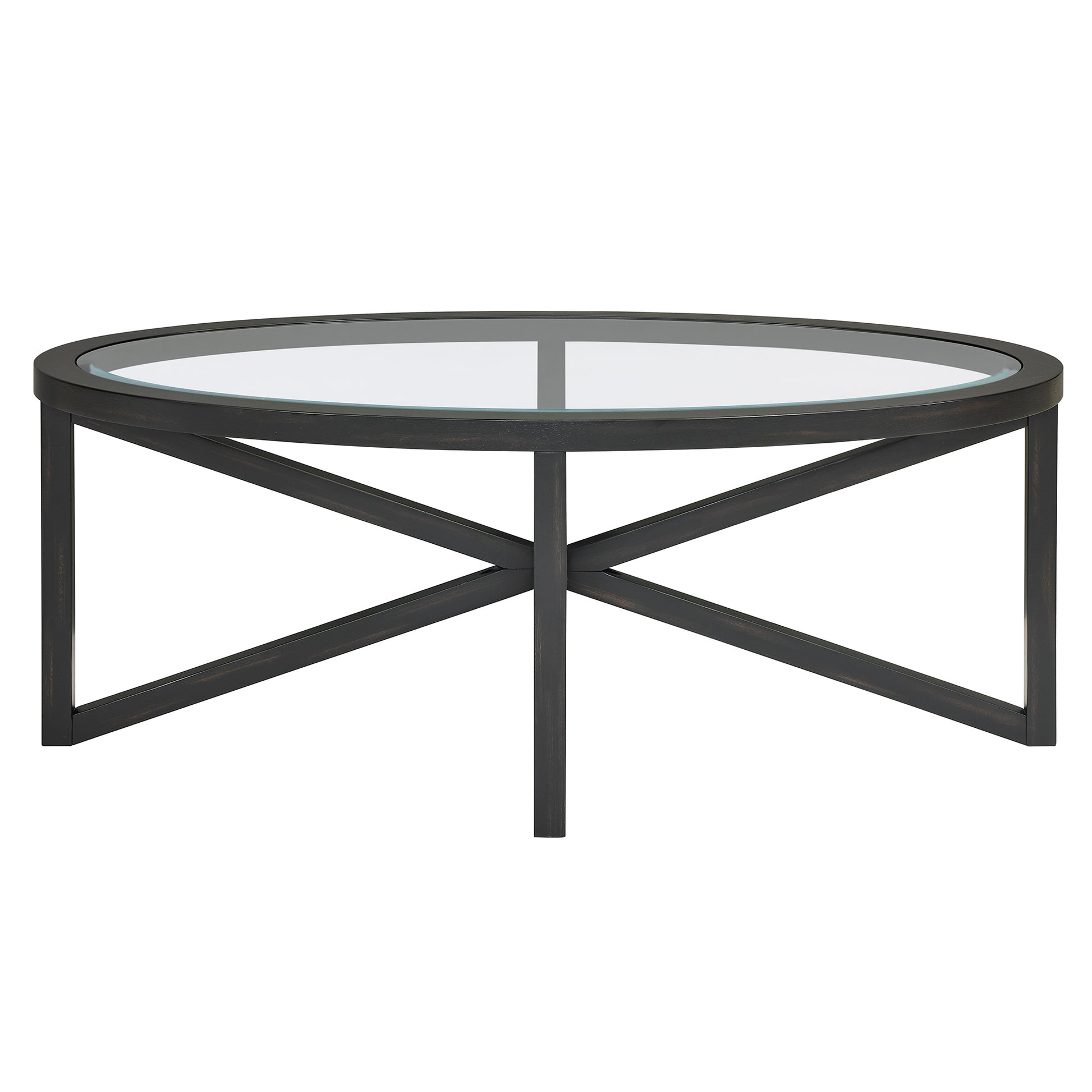 Modern Simple Glass Coffee Table, Tempered Glass Coffee Table Solid Wood Base Round Transparent Glass Top Modern Living Room Terrace Study Coffee Table Black Wood Glass