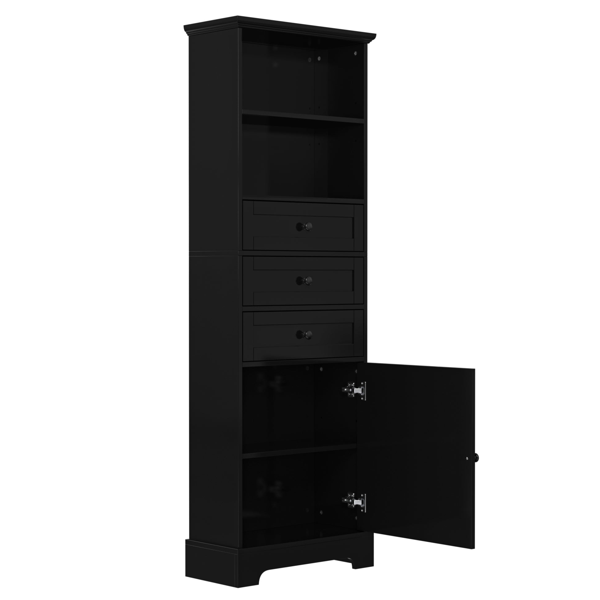 Black Tall Storage Cabinet With 3 Drawers And Adjustable Shelves For Bathroom, Study, Office And Interior, Mdf Board With Painted Finish Black Mdf