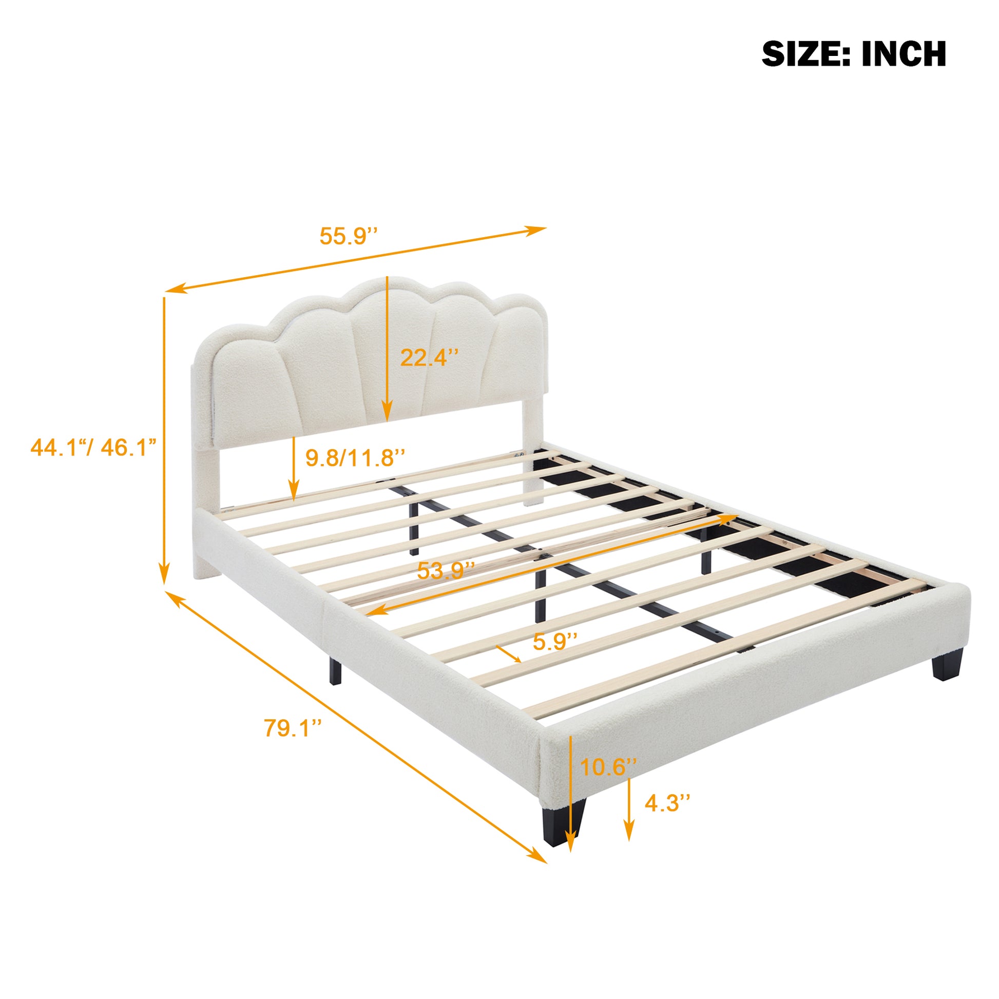 Full Size Upholstered Flower Shape Bed, Elegant Flowers Headboard With Led Light Strip, Sherpa Fabric Platform Bed With Wooden Slats Support, White Full White Wood