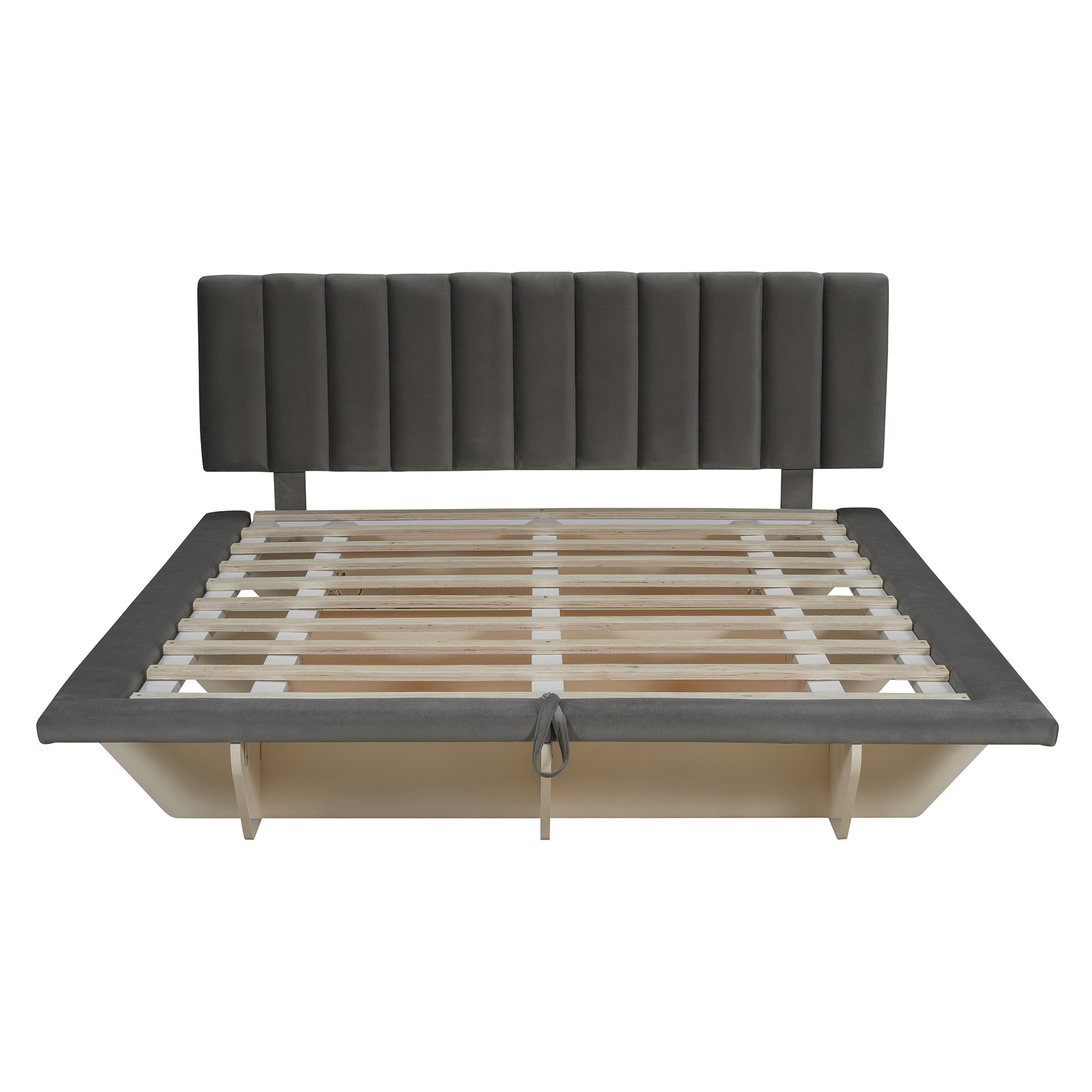 Queen Size Upholstered Floating Bed With Led Light And Usb Port, Velvet, Gray, Hydrualic Platform Bed Queen Gray Velvet