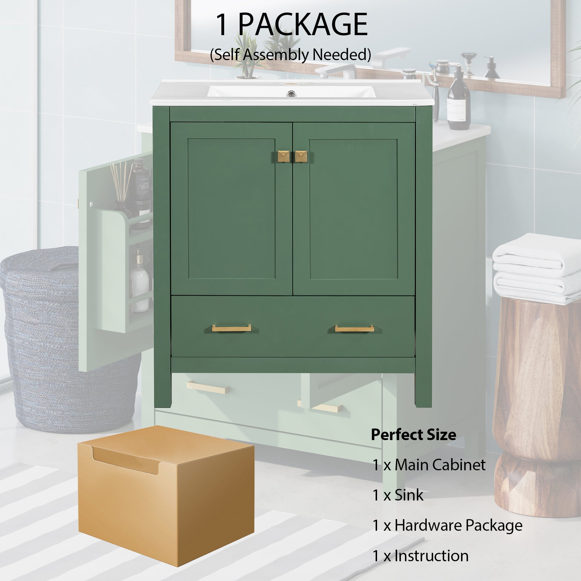 30 Inch Green Bathroom Vanity With Single Sink, Combination Under Counter Sink, Bathroom Storage Cabinet With 2 Doors And A Drawer, Soft Closure, Multifunctional Storage, Solid Wood Frame Green Bathroom Solid Wood Mdf