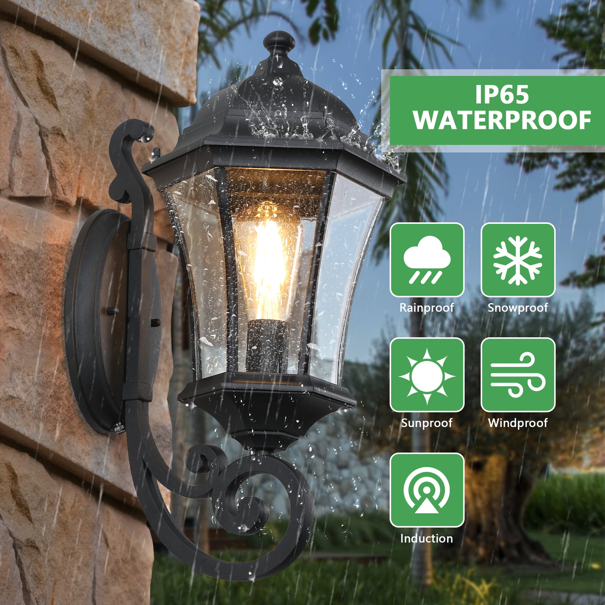 Outdoor Waterproof Glass Retro Wall Lamp With Light Sense Supports Multiple Types Of Light Bulbs 1 Pack Black Traditional Glass Aluminium