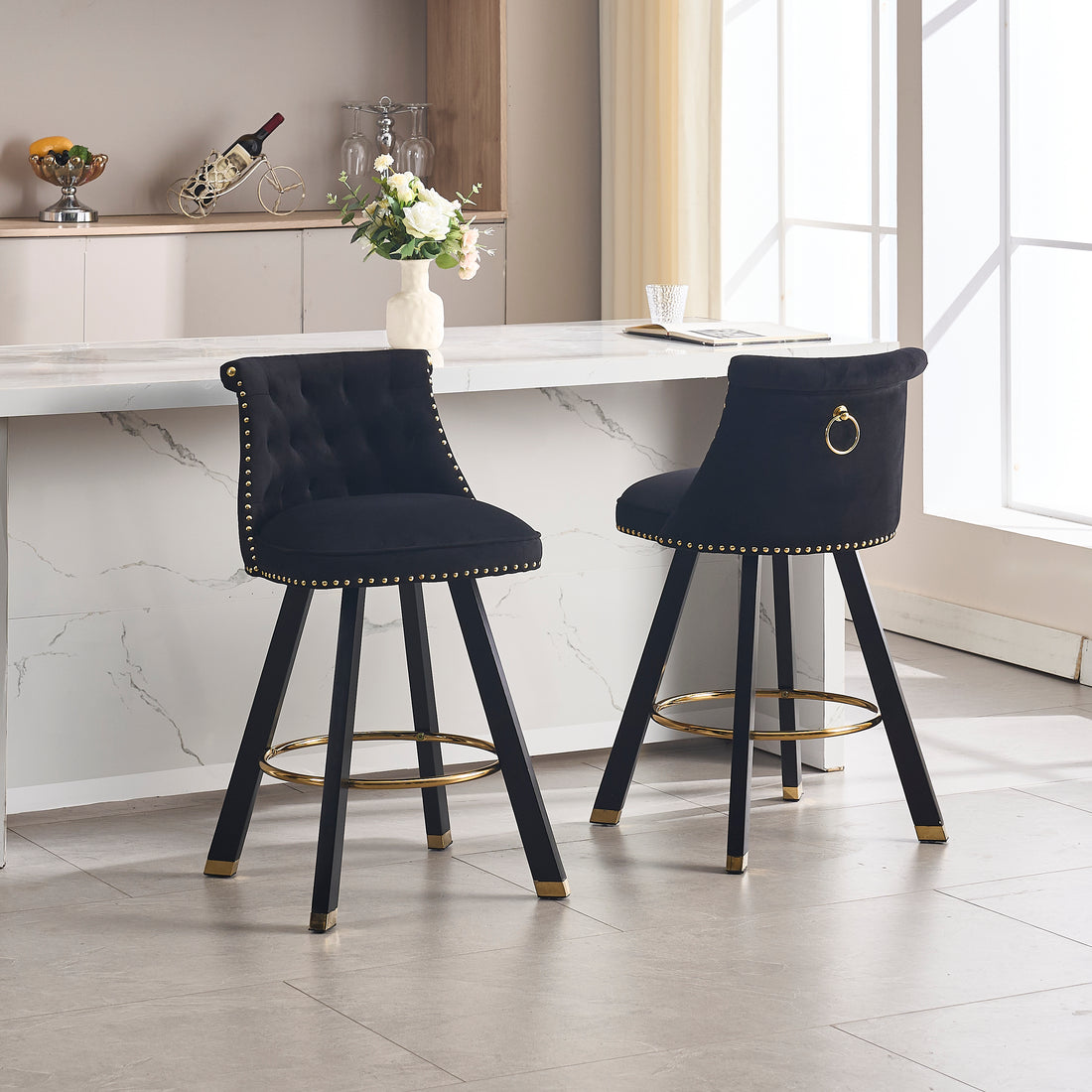 Coolmore Set Of 2,Back Pull Point Design, Velvet Material, 360 Degree Rotation, Back Pull Loop Detachable Design, Rivet Decoration, Square Foot Wooden Bar Chair Black Velvet