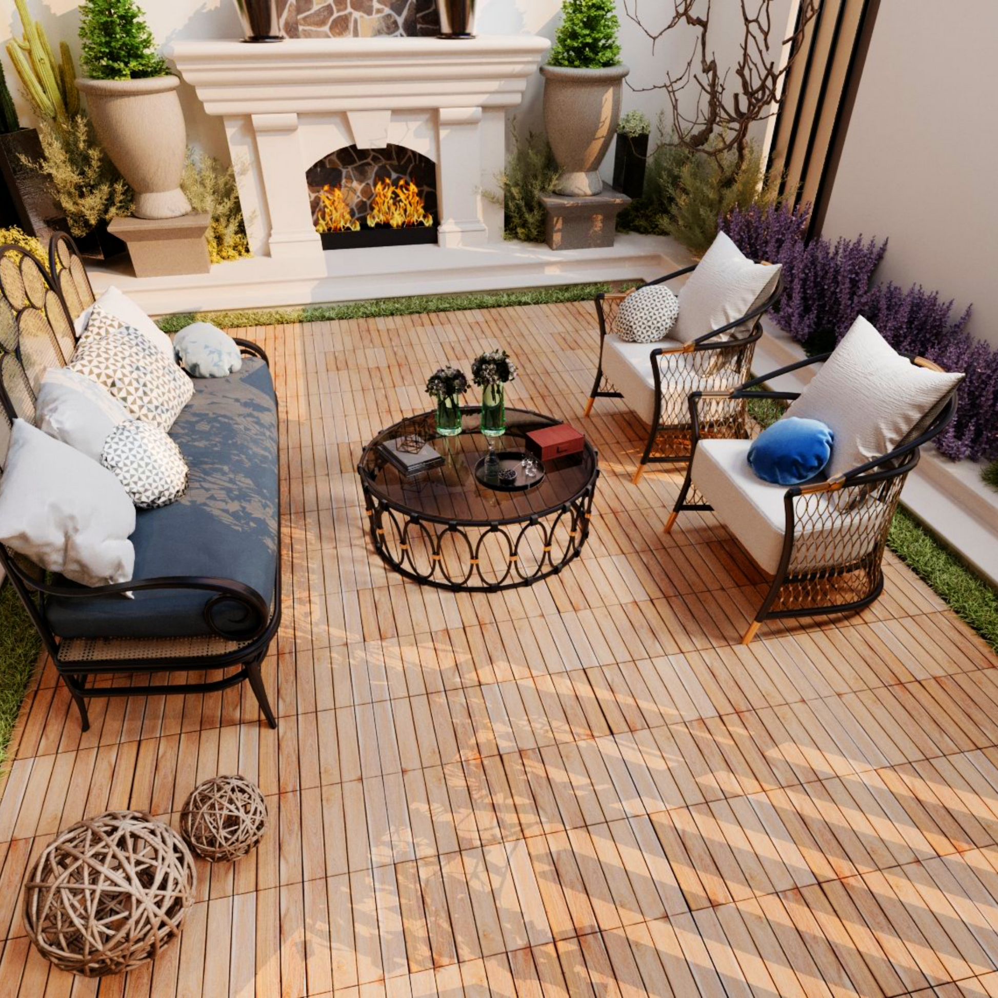 30 Pcs Interlocking Deck Tiles Striped Pattern, 12" X 12" Square Yellow Acacia Hardwood Outdoor Flooring For Patio, Bancony, Pool Side,.. Yellow Garden & Outdoor American Design,American Traditional Acacia Wood