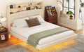 Queen Size Upholstered Floating Bed With Led And Storage Headboard, Beige Box Spring Not Required Queen Beige Wood Bed Frame Linen Upholstered