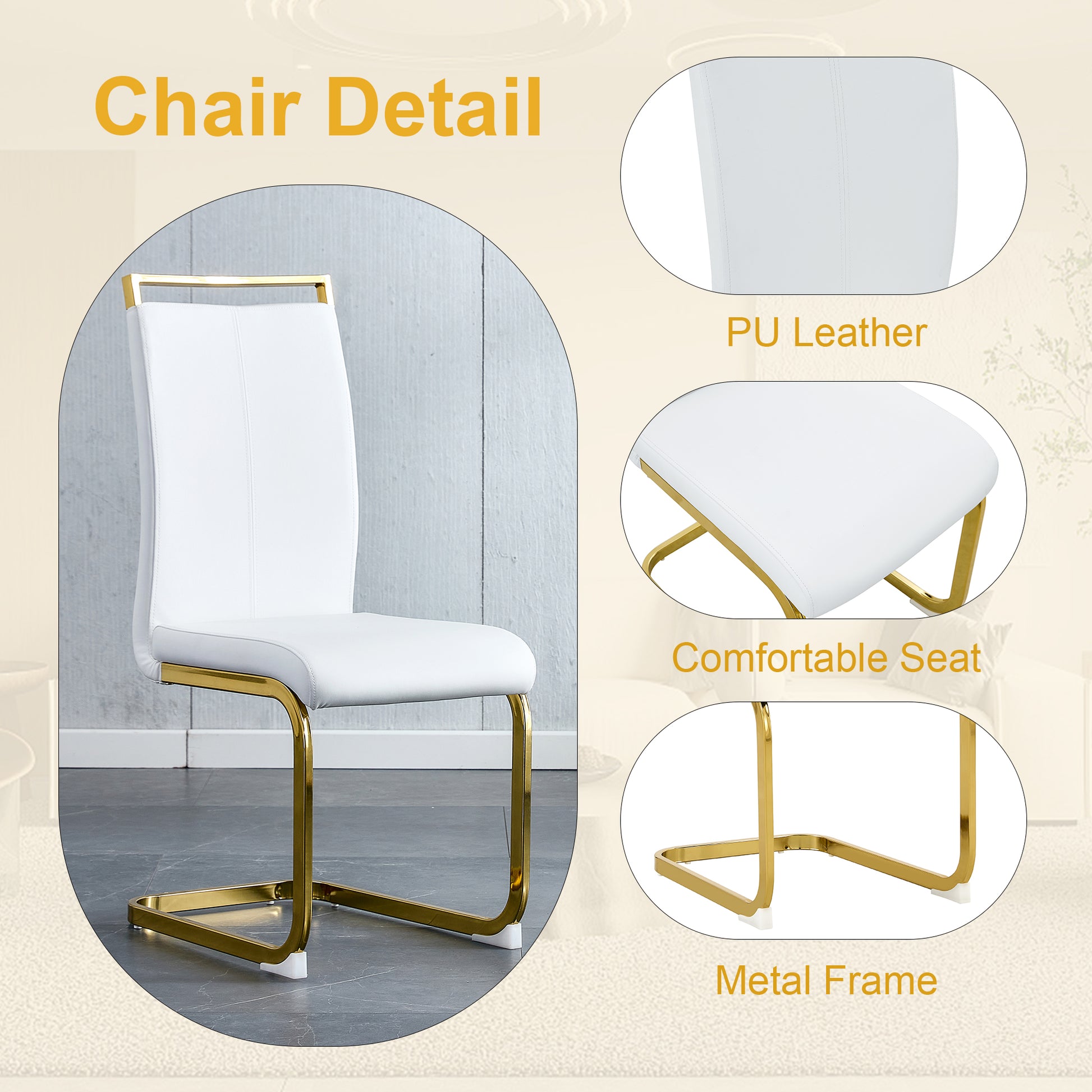 Table And Chair Set.67"X36" White Marble Pattern Mdf Dining Table Set With 6 White Pu Chairs.Mdf Sticker,White Marble Pattern Sticker,Gold C Tube Chair Legs,Suitable For Kitchen,Dining Room,Etc.