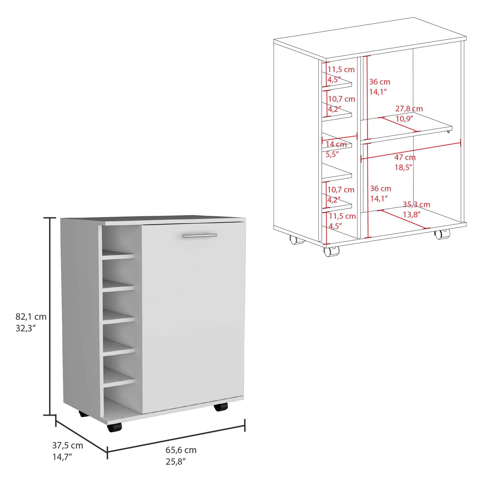 Wick Bar Cart With Integrated Wine Storage, Spacious Cabinet And Smooth Rollers White Dining Room Modern Particle Board Shelves Included Engineered Wood