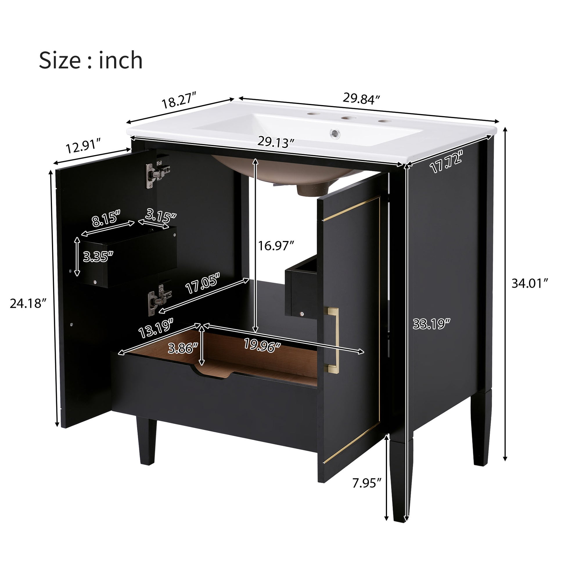 30 Inch Bathroom Vanity With Ceramic Basin, Soft Close Door, Built In Hidden Drawer Black Bathroom Solid Wood Mdf