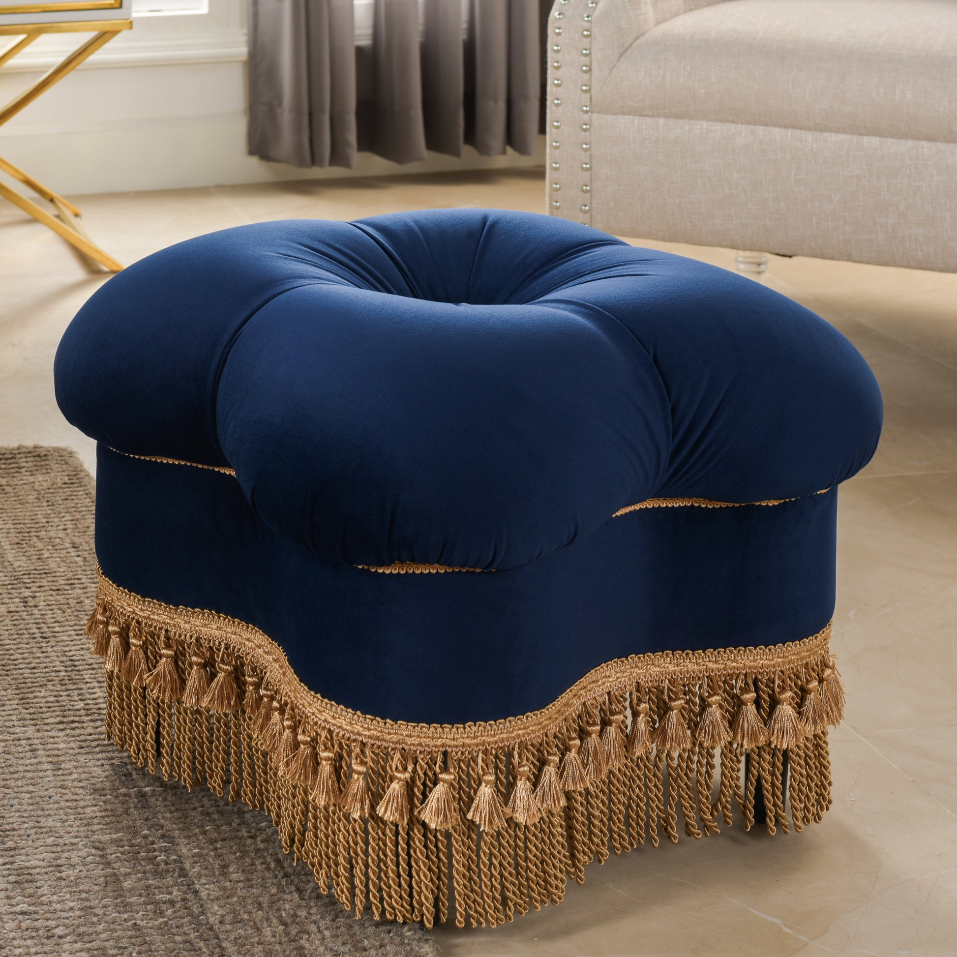 Ellen Upholstered Cr Ottoman With Gold Bullion Fringe, Navy Blue Velvet Navy Blue Foam Velvet