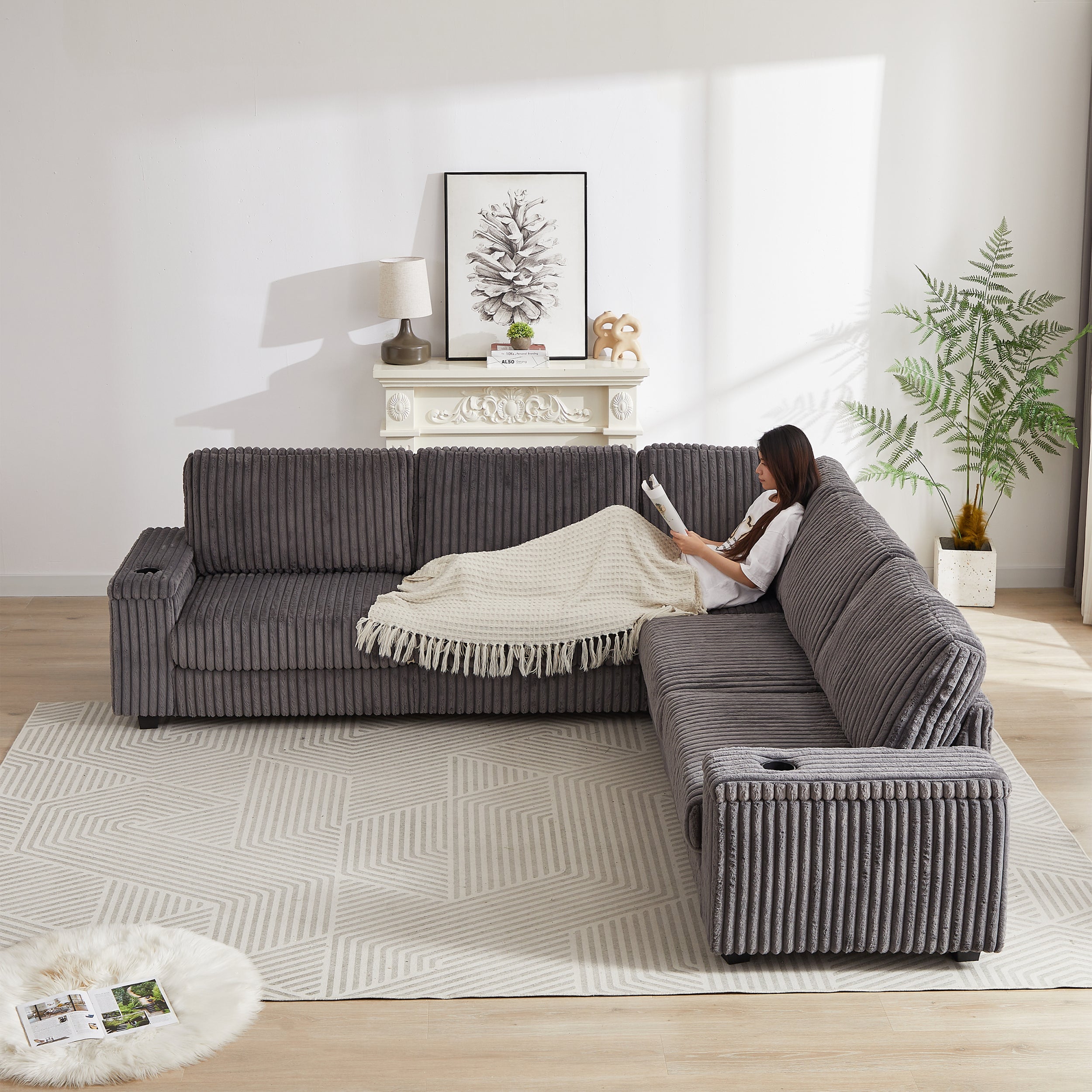 110 Inch Oversized Corduroy Corner Sofa,L Shaped Corner Couch With Two