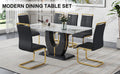 Table And Chair Set, Modern Dining Table, Patterned Table Top And Black Mdf Table Leg, Soft And Comfortable Dining Chair, Perfect For Dinner, Meetings, Home And Office Decor Black Mdf Glass