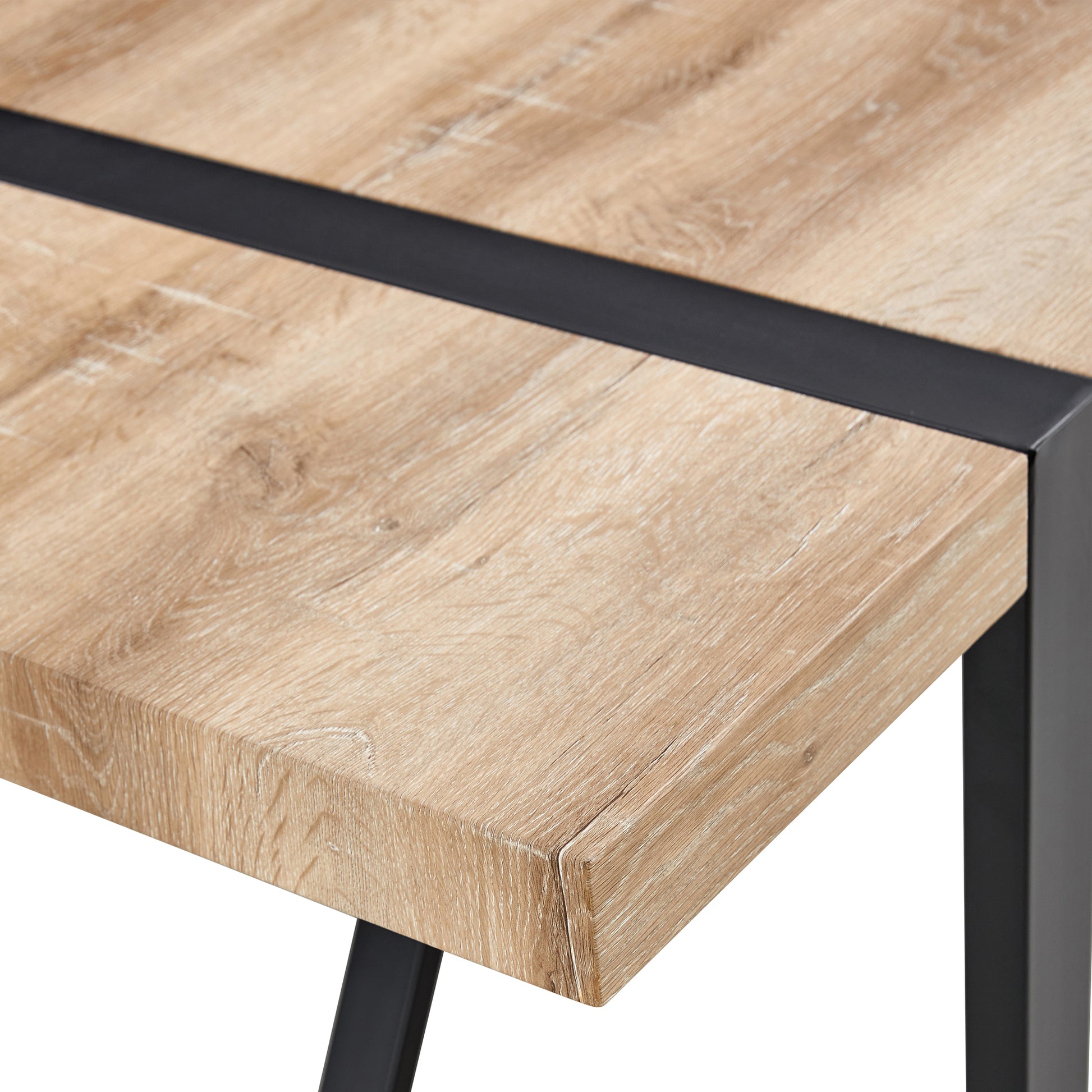 Table And Chair Set, Textured Top In Vintage Wood Color, Black Metal Legs. Dining Chair With White Faux Leather Backrest Cushion With Black Metal Legs. Wood Seats 8 Mdf Metal