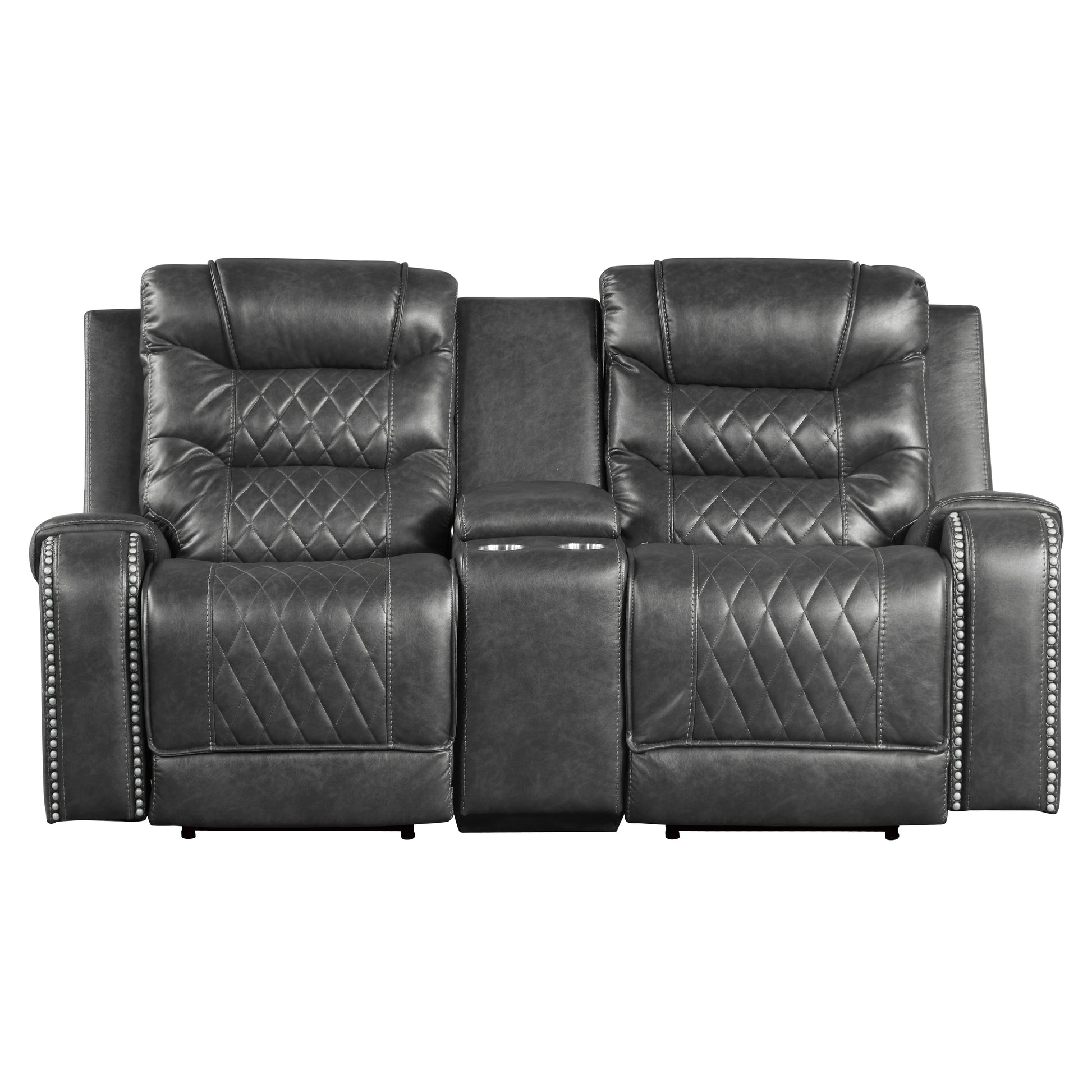 Luxurious Living Room Furniture 2Pc Power Reclining Sofa Set Grayfaux Leather Upholstery Center Drop Down Cup Holders, Power Outlets, Usb Ports, Diamond Pattern Stitching Gray Faux Leather Wood Primary Living Space Luxury,Modern Solid Wood 5 Seat