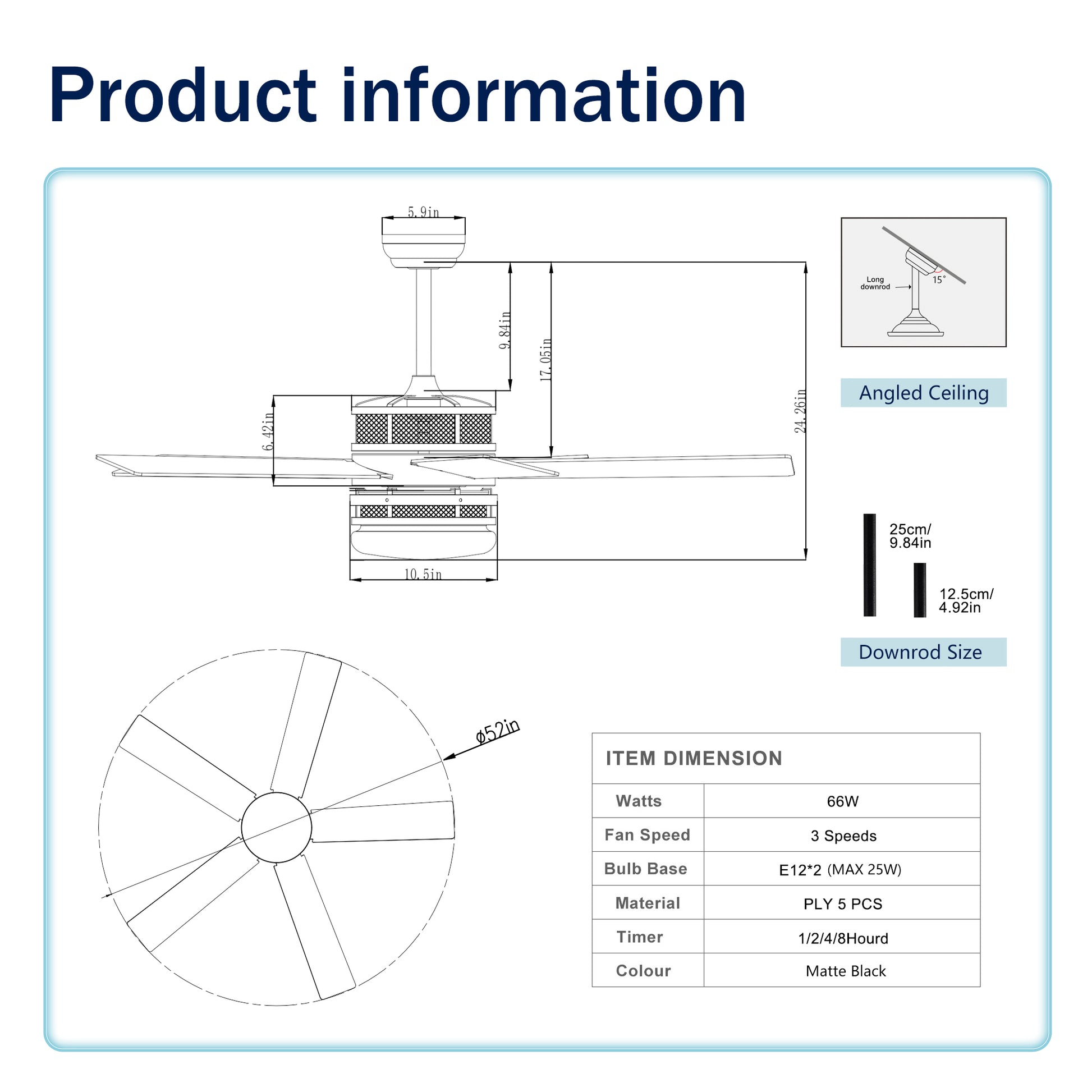52 Inch 5 Blade Lighted Ceiling Fan With Remote Controlglass Shade Optional Remote Matte Black Matte Black American Design,American Traditional,Classic,Contemporary,Farmhouse Plywood Metal