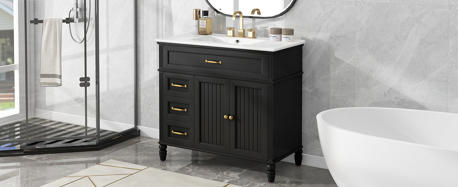 36" Bathroom Vanity With Sink, Black Bathroom Cabinet With Drawers, Solid Frame And Mdf Board, One Package Black Solid Wood Mdf