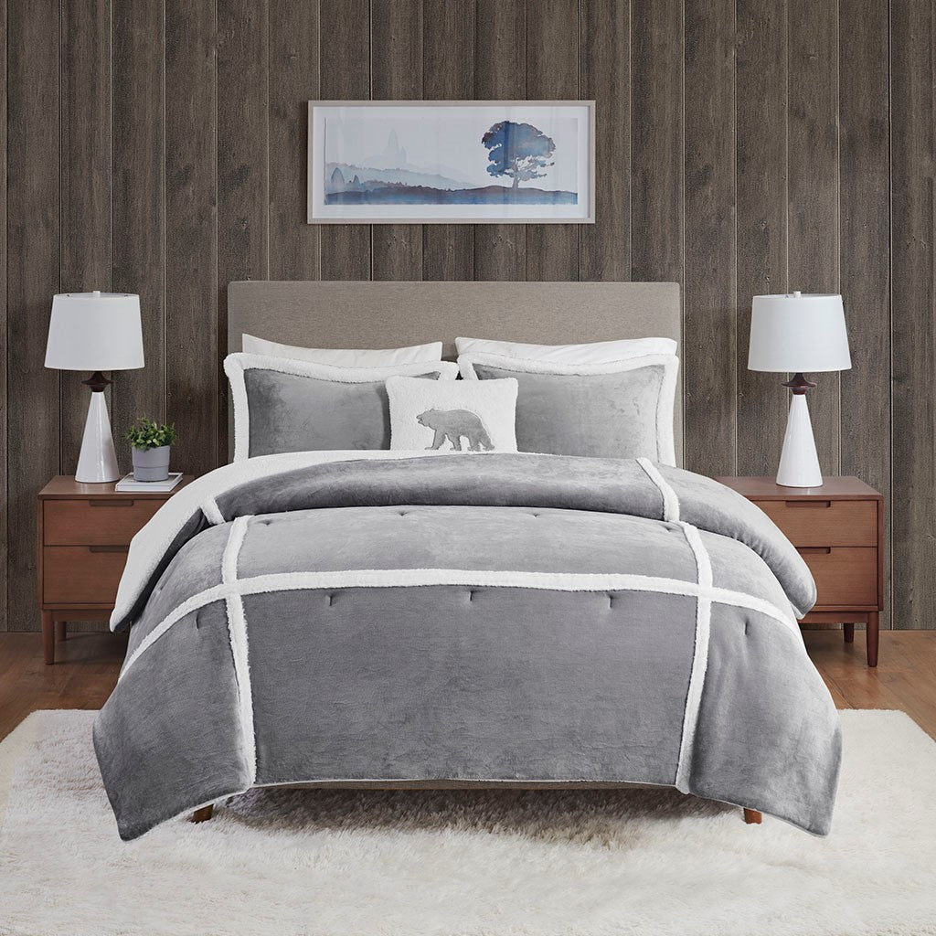 Plush To Sherpa Comforter Set Twin Grey Polyester