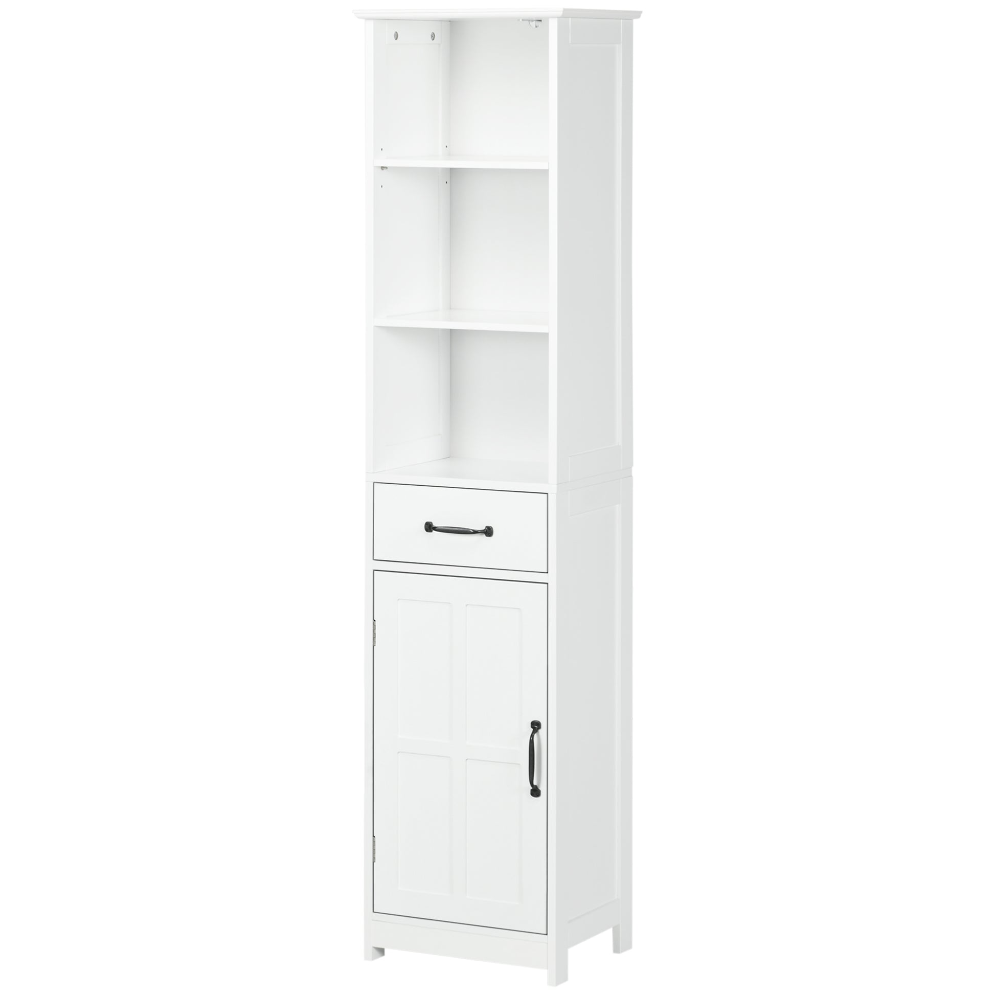 Kleankin Slim Bathroom Storage Cabinet, Tall Bathroom Cabinet, Linen Tower With 3 Open Shelves, Drawer, Recessed Door And Adjustable Shelf, White White Mdf