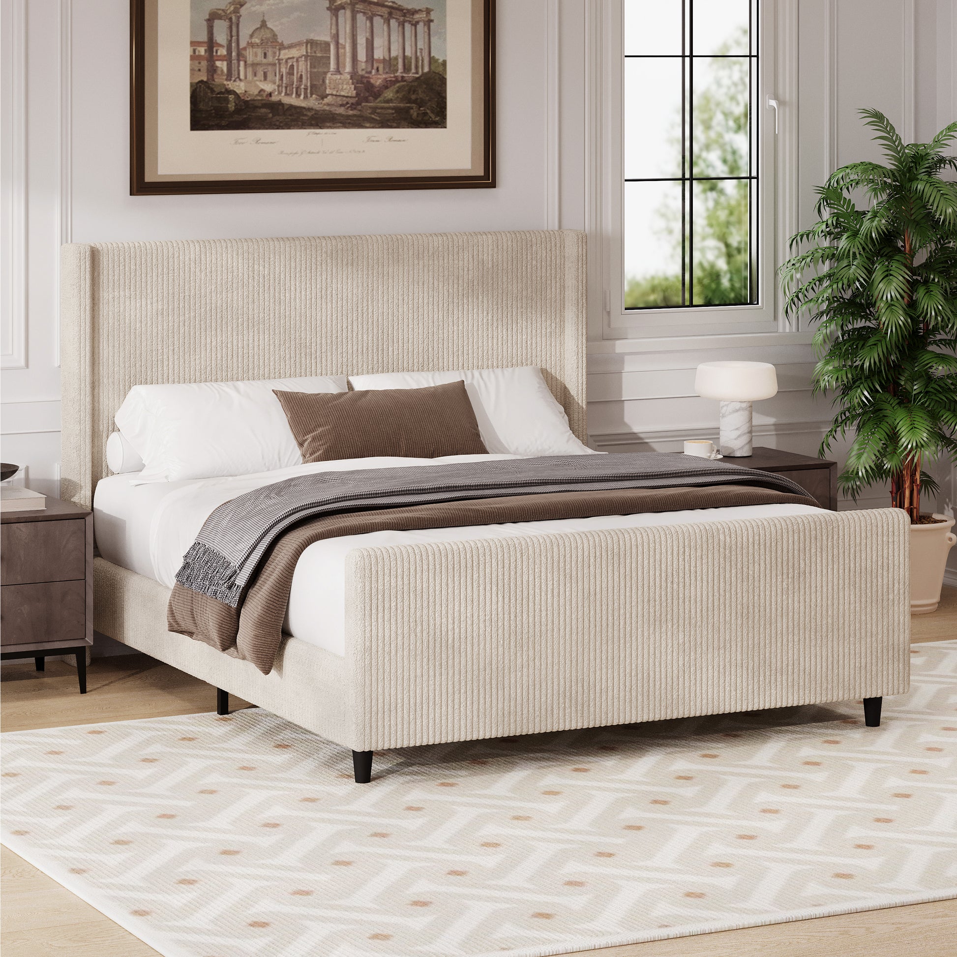 50.7'' High Headboard Corduroy Upholstered Bed Frame With Vertical Stripe Wingback And High Footboard No Box Spring Needed, Queen Size, Cream Box Spring Not Required Queen Cream Wood Bedroom Modern Bed Frame Wood