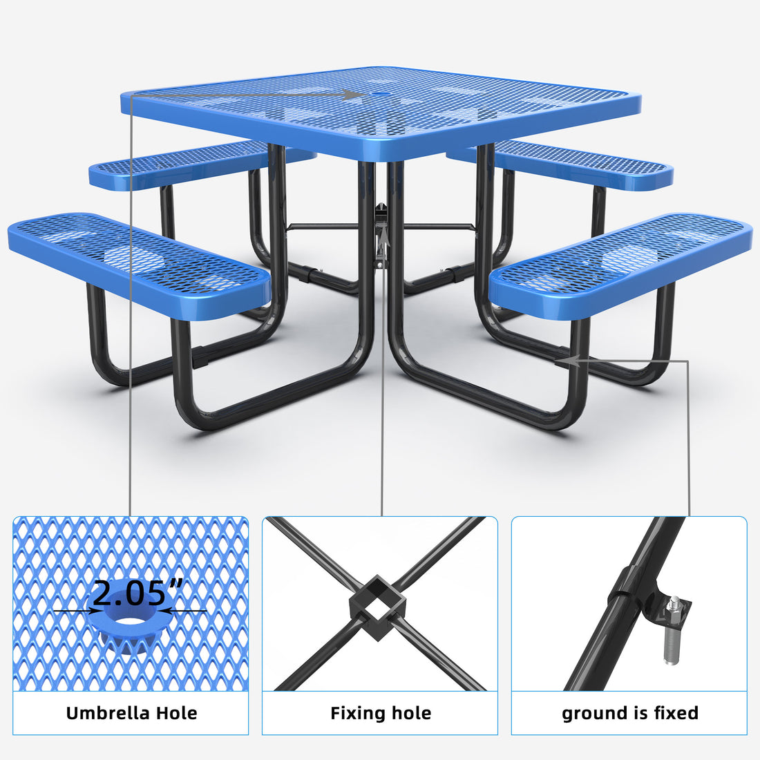 Square Outdoor Steel Picnic Table 46" With Umbrella Pole,Blue Blue Steel Steel