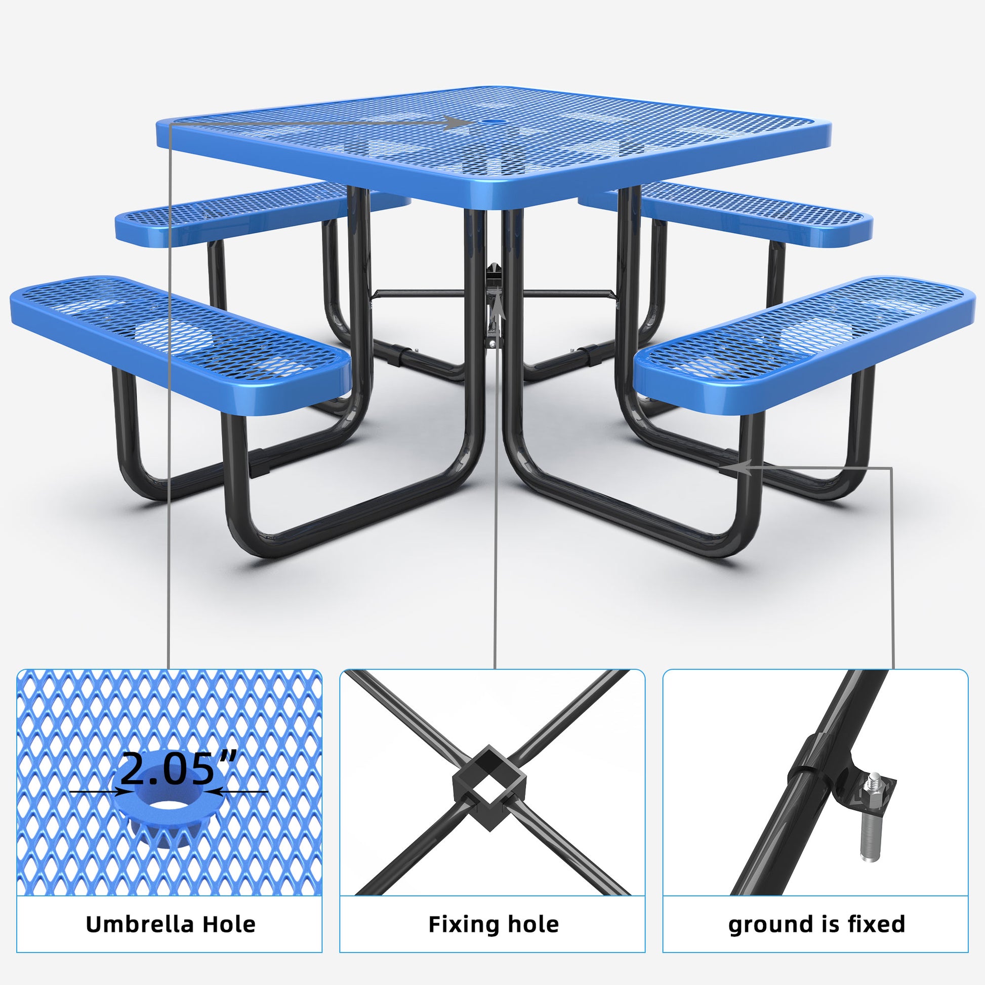 Square Outdoor Steel Picnic Table 46" With Umbrella Pole,Blue Blue Steel Steel