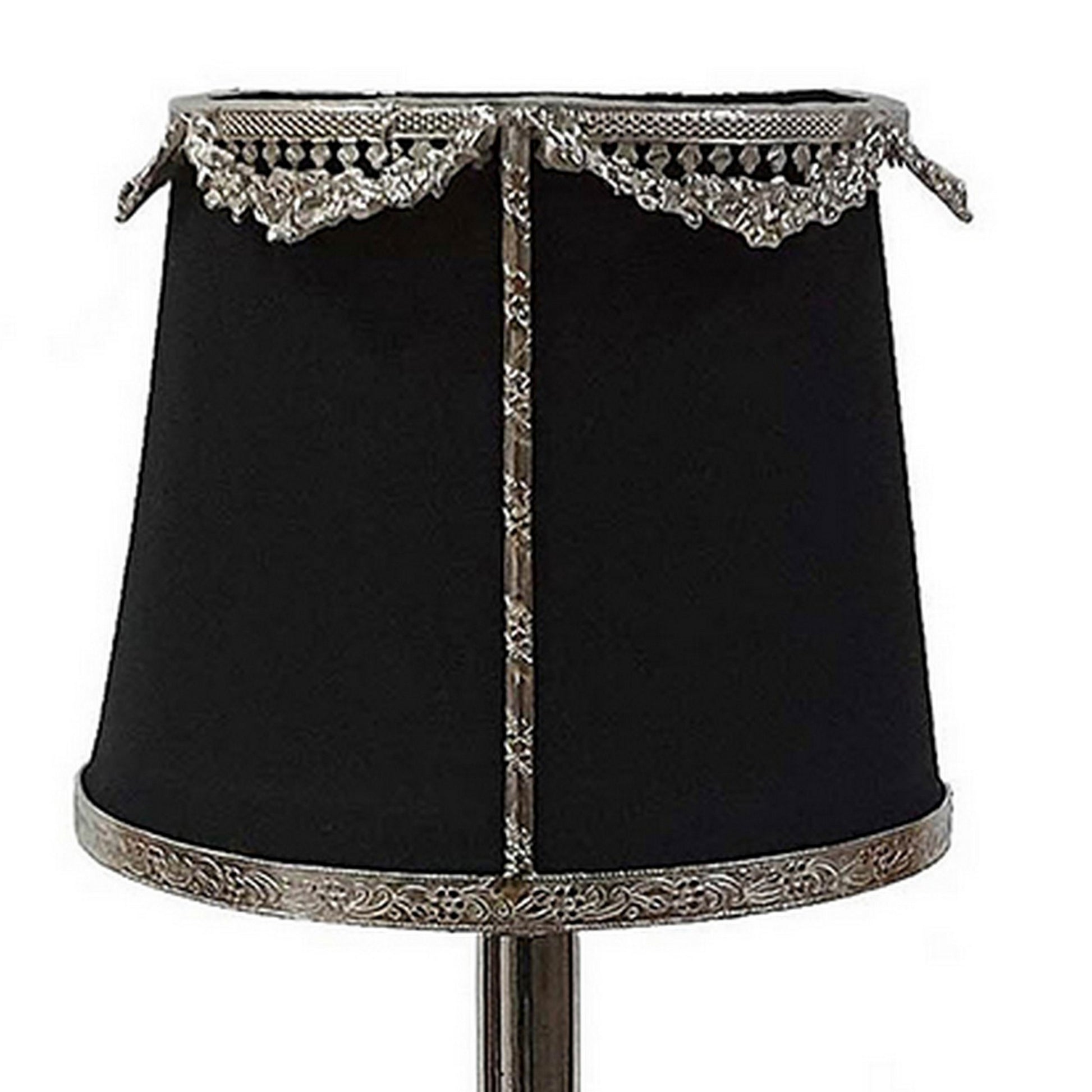 14 Inch Table Lamp, Metal Trimmed Shade, Nickel Finish, Eiffel Tower Base Black And Silver Aluminium